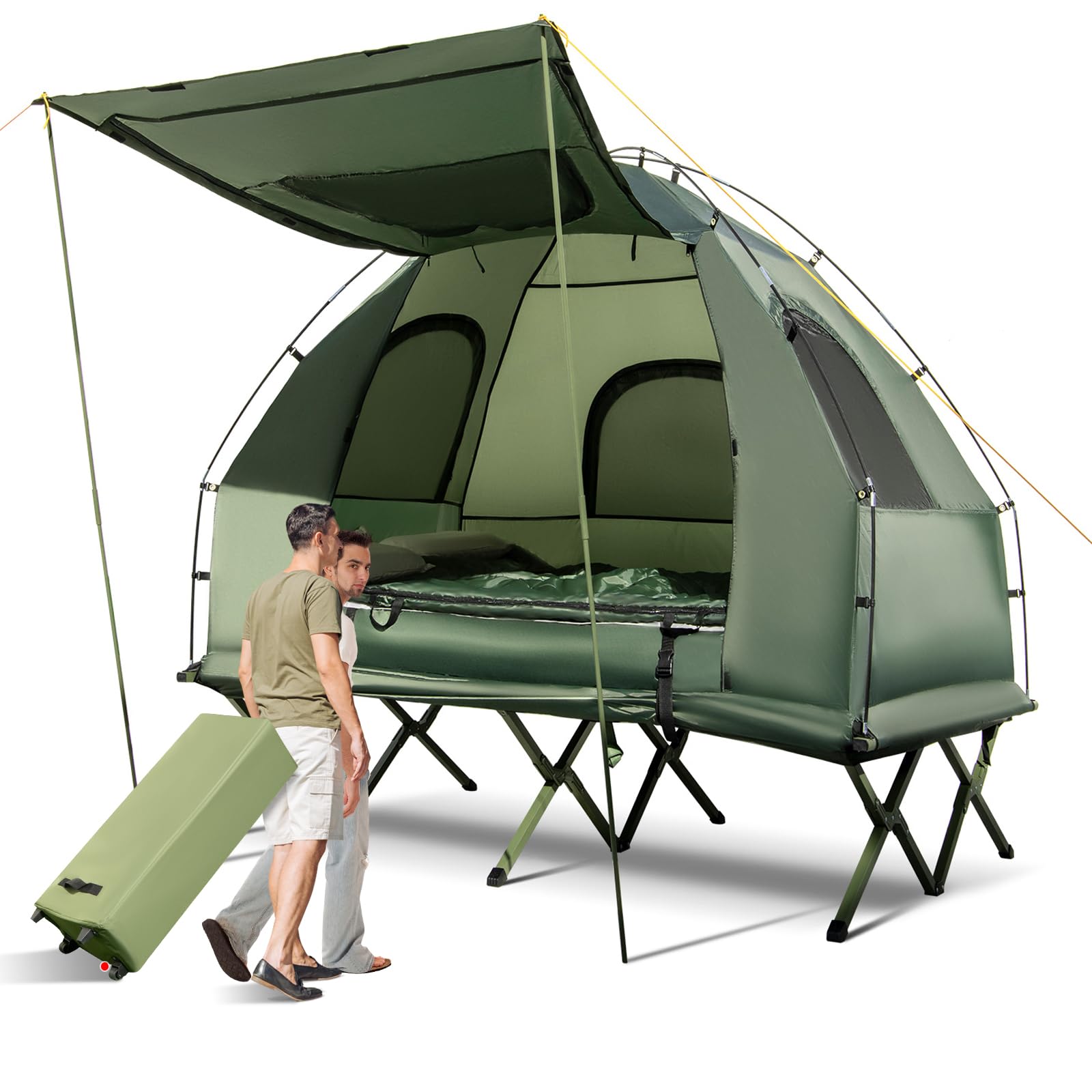 LDAILY Camping Tent Cot, 5 in 1 Off Ground Elevated Tent with Air Mattress, Sleeping Bag & Pillow, Folding Camping Cot Combo with Carrying Bag for Outdoor Hiking, RV, Picnic, Field Backyard (2 Person)