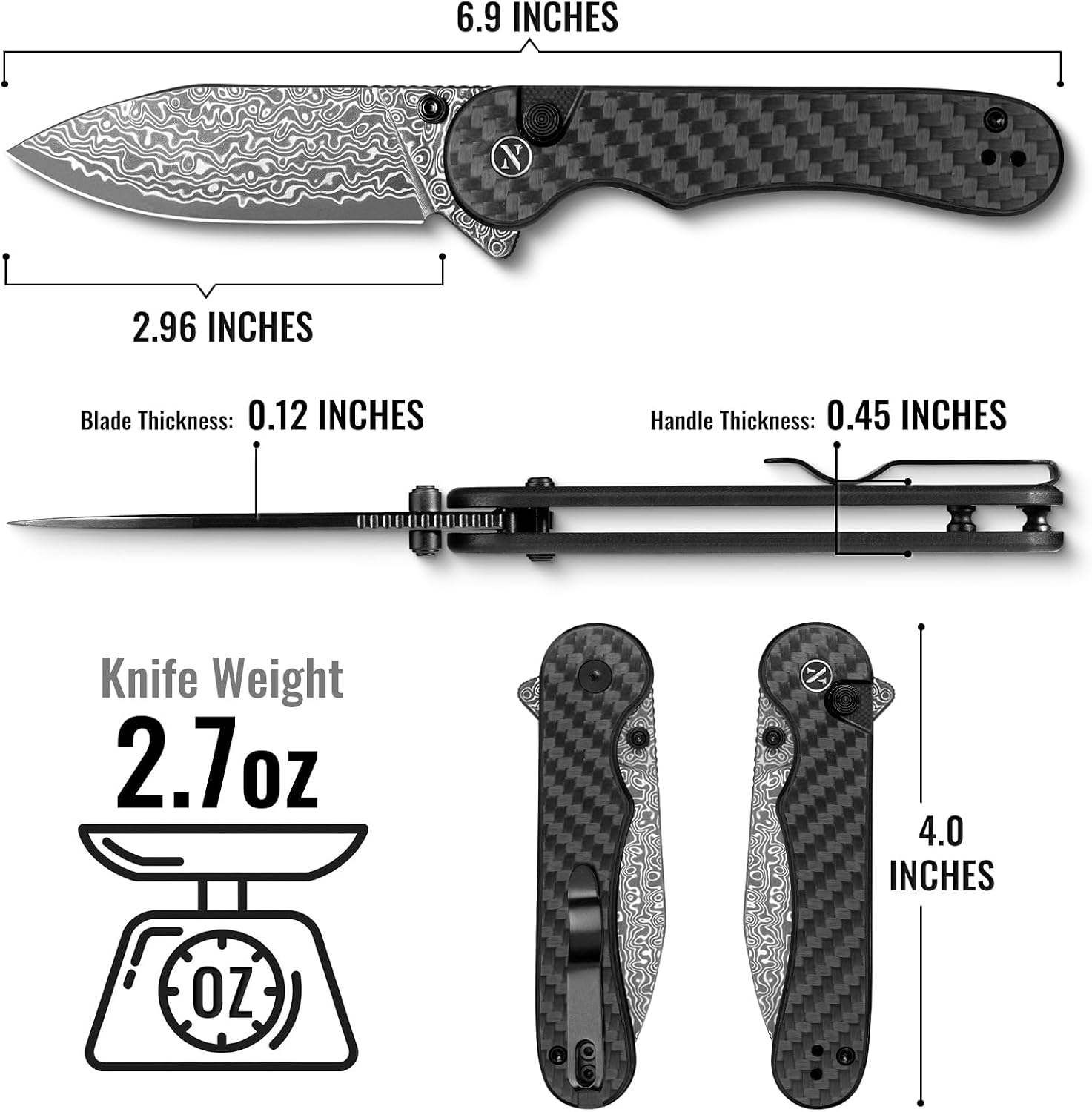 NedFoss BLACKBERRIES Damascus Pocket Knife, 2.9" Real Damascus Steel Blade Button Lock Knife, G10 Carbon Fiber Handle with Ceramic Ball Bearing, Reversible Deep Carry Clip for Outdoor, EDC