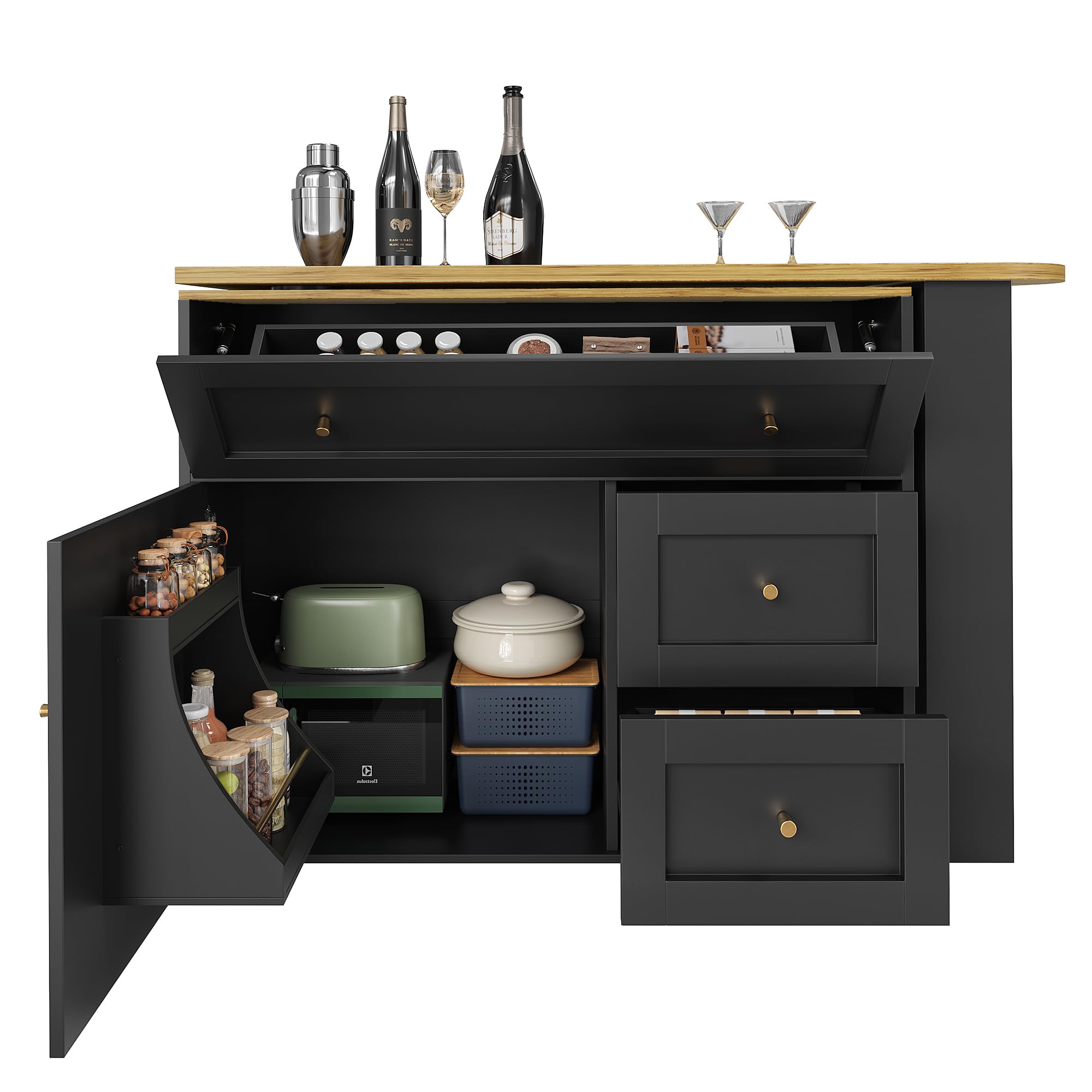 Tavolo allungabile da bar con archiviazione, bistrot telescopico mobile con scaffale per snack, 138 – 204 x 39 x 105 cm (nero)