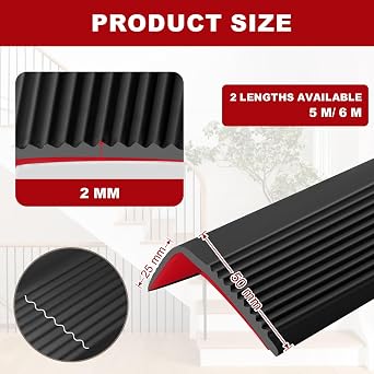 6 Meters Stair Nosing Edge Trim, L-Shape Peel and Stick Stair Treads | 50 x 25 MM Self-adhesive Staircase Step Edge Protector Flexible Rubber Edging Strip for Outdoor Indoor Floors, Black
