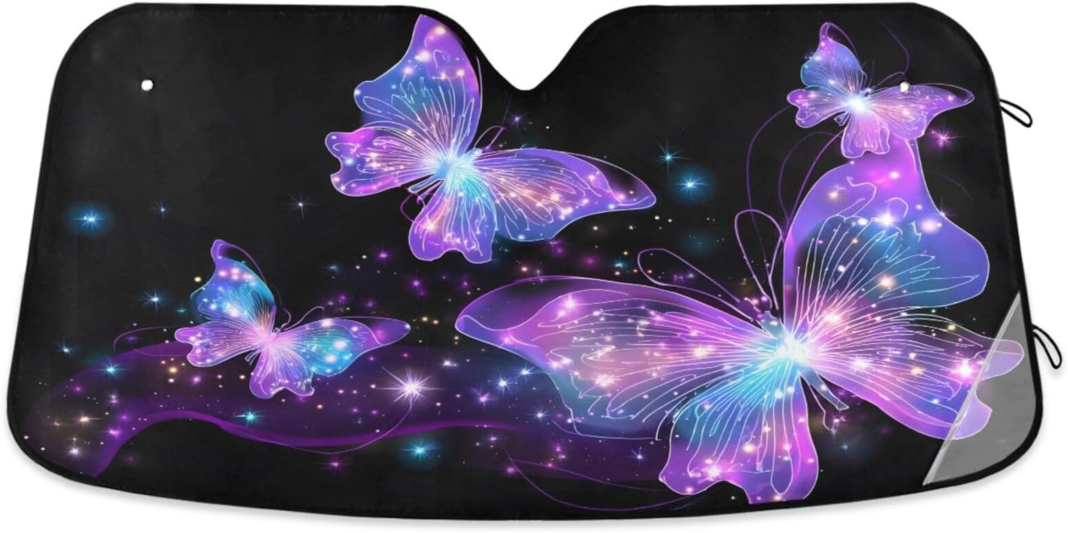 Car Windshield Sun Shade Purple Glowing Butterflies Pattern Foldable Car Front Windshield Sunshade Blocks UV Rays Sun Visor Heat Protection for Truck SUV to Keep Your Vehicle Cool,Large
