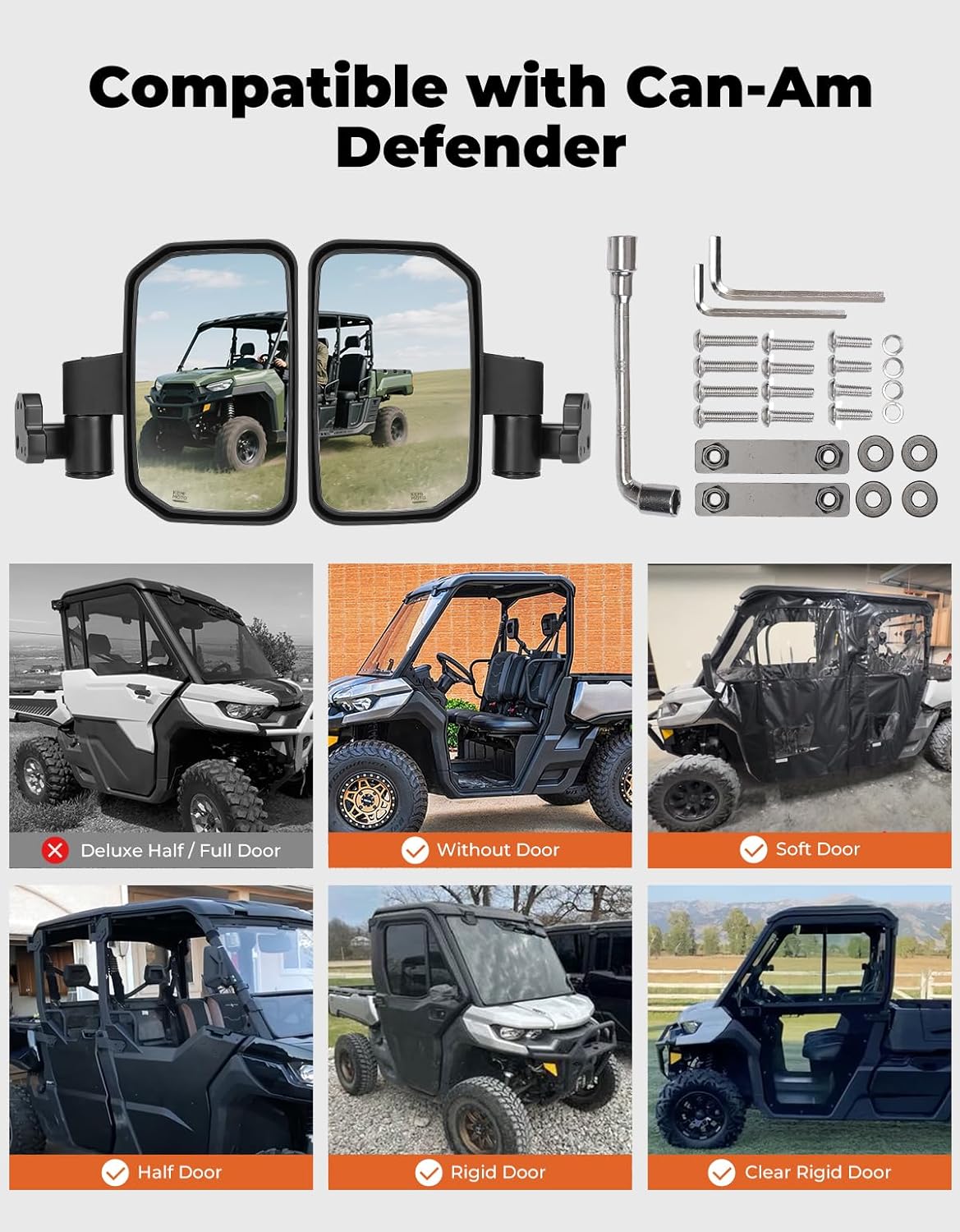 KEMIMOTO UTV Side Mirrors, Upgraded Auto Fold Reset Adjustable Side Mirrors, Fit Full Door Half Door, Compatible with 2016-2025 Can-Am Defender & Defender MAX HD5 HD7 HD8 HD9 HD10