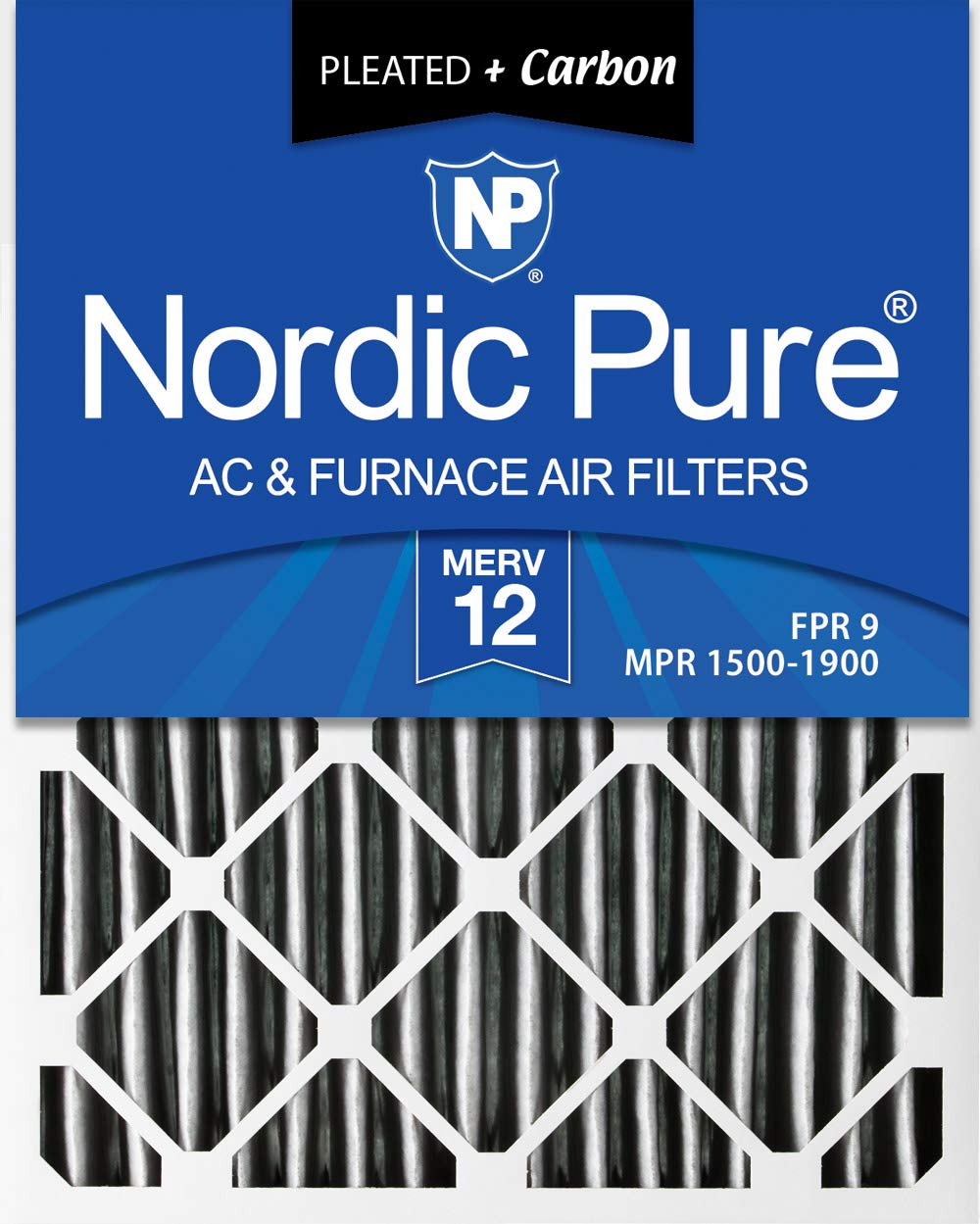 Nordic Pure16x25x1 (15 1/2 x 24 1/2 x 3/4) Furnace Air Filters MERV 12 Pleated Plus Carbon 6 Pack