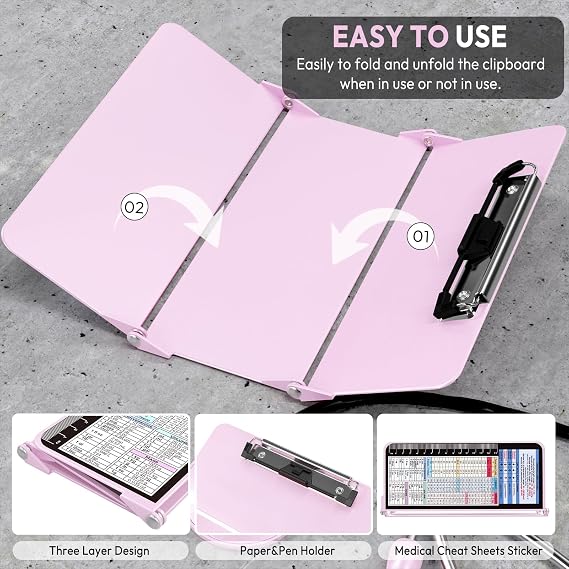Nursing Clipboard Foldable, Foldable Clip Board w/Nursing Edition Medical Charts,3 Layers Aluminum, Nurse Note w/Low Profile Clip&Pen Clip for Students, Nurses and Doctors, Baby Pink