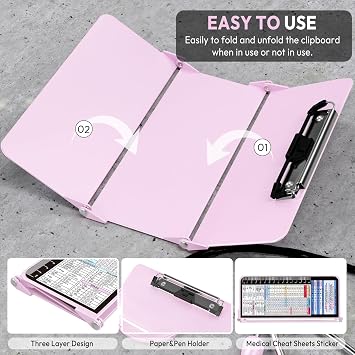 Nursing Clipboard Foldable, Foldable Clip Board w/Nursing Edition Medical Charts,3 Layers Aluminum, Nurse Note w/Low Profile Clip&Pen Clip for Students, Nurses and Doctors, Baby Pink
