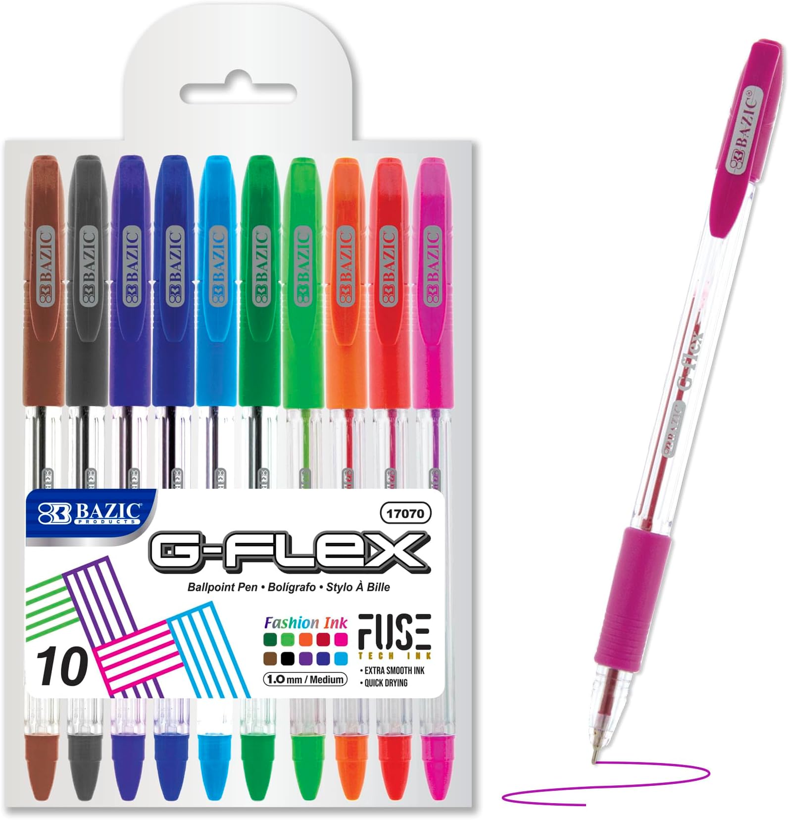 BAZIC Oil Gel Ink Pen, G-Flex Assorted 10 Color, 0.7 mm Medium Point, Soft Grip Smooth Writing, for Office School (10/Pack), 1-Pack