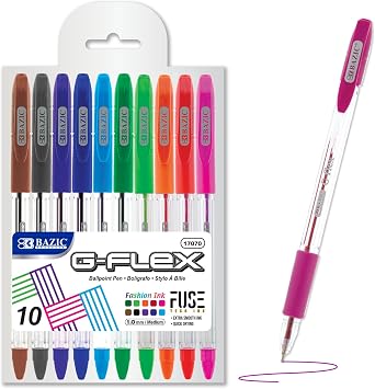 BAZIC Oil Gel Ink Pen, G-Flex Assorted 10 Color, 0.7 mm Medium Point, Soft Grip Smooth Writing, for Office School (10/Pack), 1-Pack