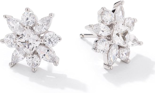 JTV 4.15 CTW Cubic Zirconia Flower Stud Earrings - Sterling Silver | Rhodium-plated silver studs with round, square, marquise cubic zirconia; gift-boxed for birthdays or any occasion.