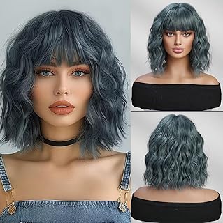 Esmee Pelucas Bob Azul Gris con Flequillo Peluca al Hombro Rizada y Ondulada Pelucas Cosplay de Sintético para Mujer