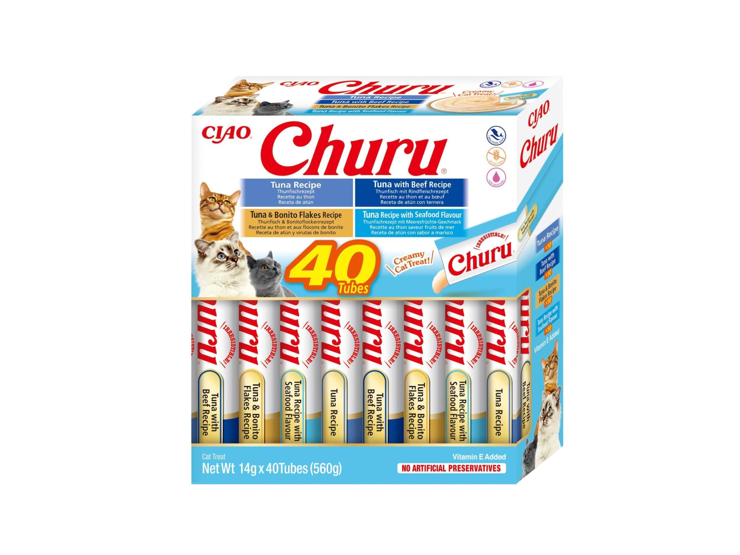 INABA Churu - Friandises pour Chats en Purée aux 4 Saveurs de Thon - Délicieux Snacks pour Félins - Texture Lisse et Onctueuse - Nourriture pour Chats - 40 Tubes x 14g