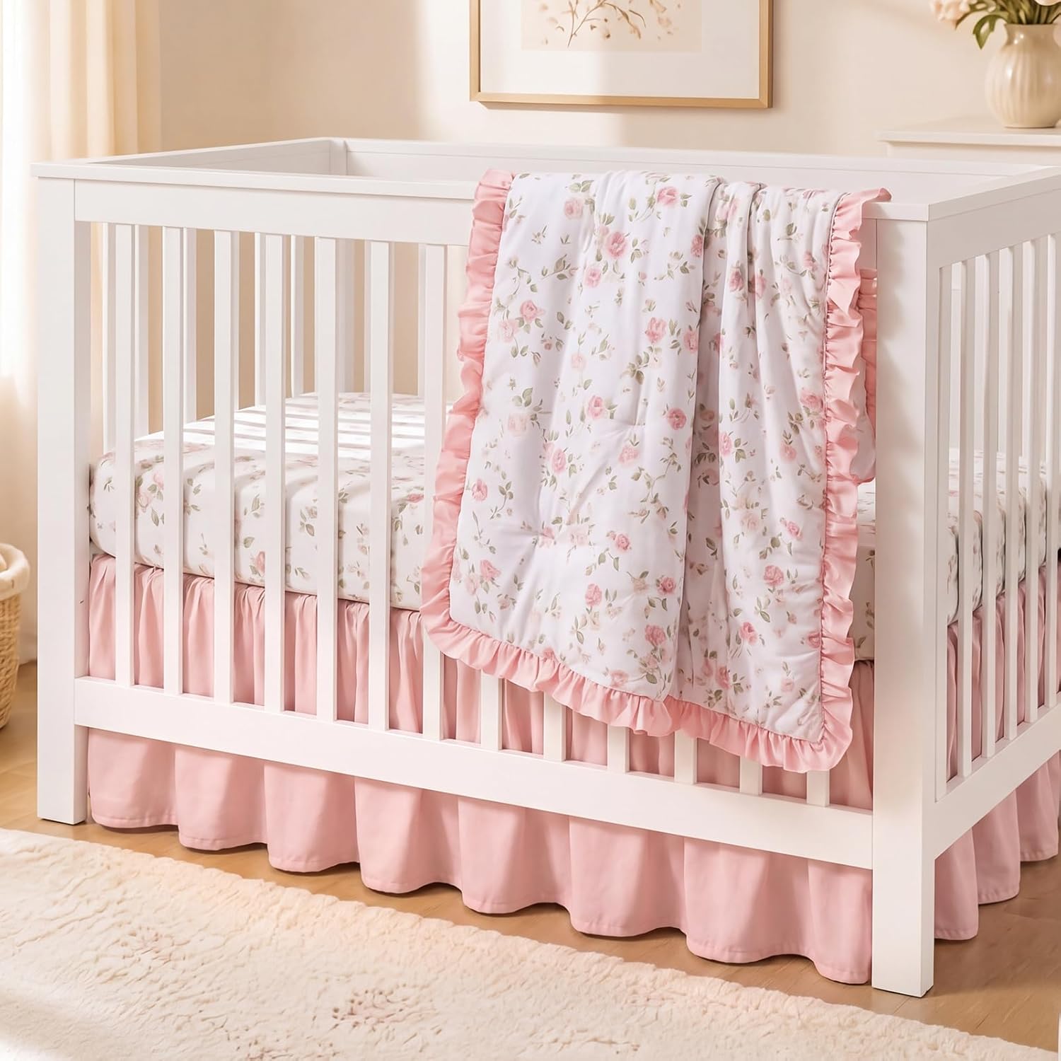 Hahafelt 3 Pieces Pink Floral Crib Bedding Set for Girls, Ruffle Baby Comforter, Fitted Sheet & Dust Ruffle Skirt, Soft Boho Nursery Bedding for Newborn Infant Toddler, Fits Standard Crib Mattress