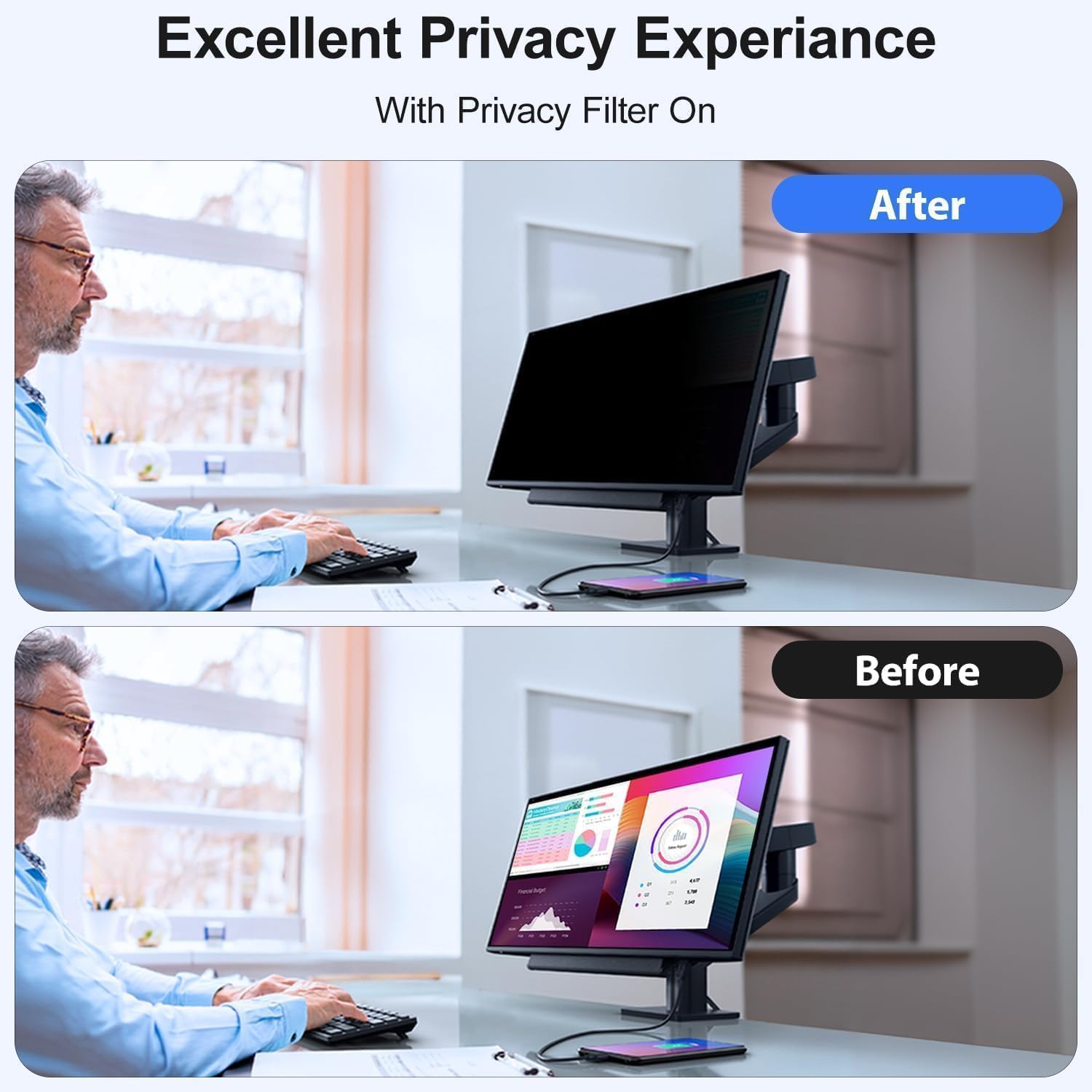 24 inch Computer Privacy Screen Filter, Suitable for 16:9 Widescreen Ratio (53.1x29.9cm) PC Monitors.Screen Privacy Cover,24" Anti-Glare,Blue Light Filter and Anti-peep Protection Film