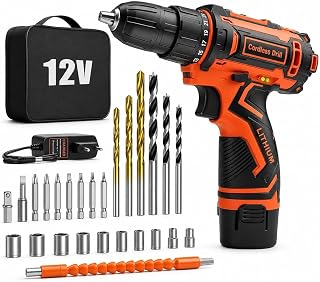 Akkuschrauber Klein, 12V Akku Bohrschrauber Set, 2 Gang Akkubohrer, 25+1 Mini Akkuschrauber 25 Nm Drehmoment,2Ah Akku, 25 Zubehör, LED-Leuchte, für Reparatur und DIY (Orange)