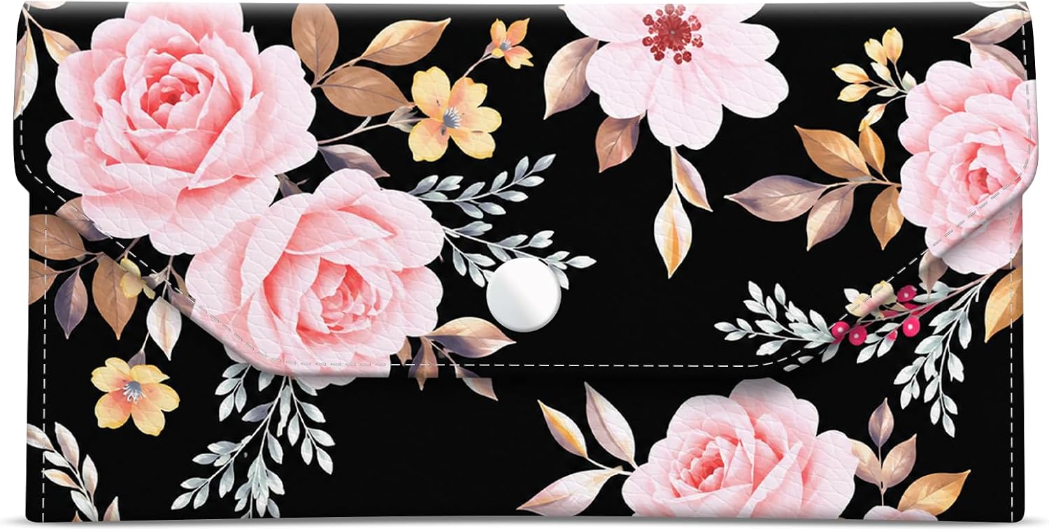 Cash Envelope Wallet Cute PU Leather Envelopes Bag for Men and Women, Reusable Budget Pouch for Budgeting Billing, Black Rose