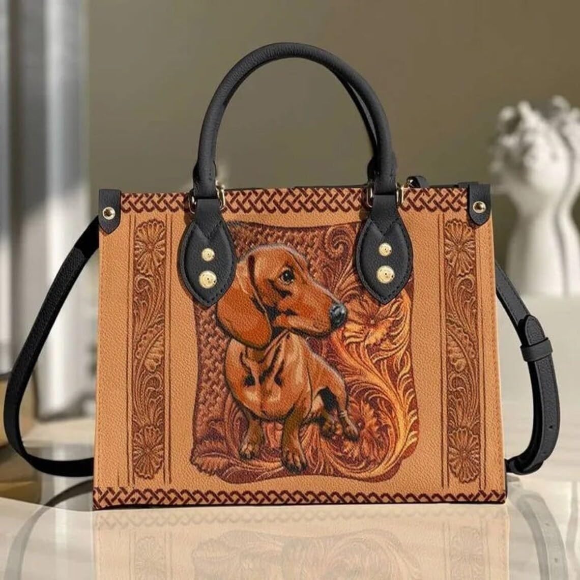 Dachshund Leather Bag for Women Doxie Dachshunds Handbags Purse Satchel Top Handle/Strap Bag Totes Weiner Weenie Dog Mom Gift - Image 5