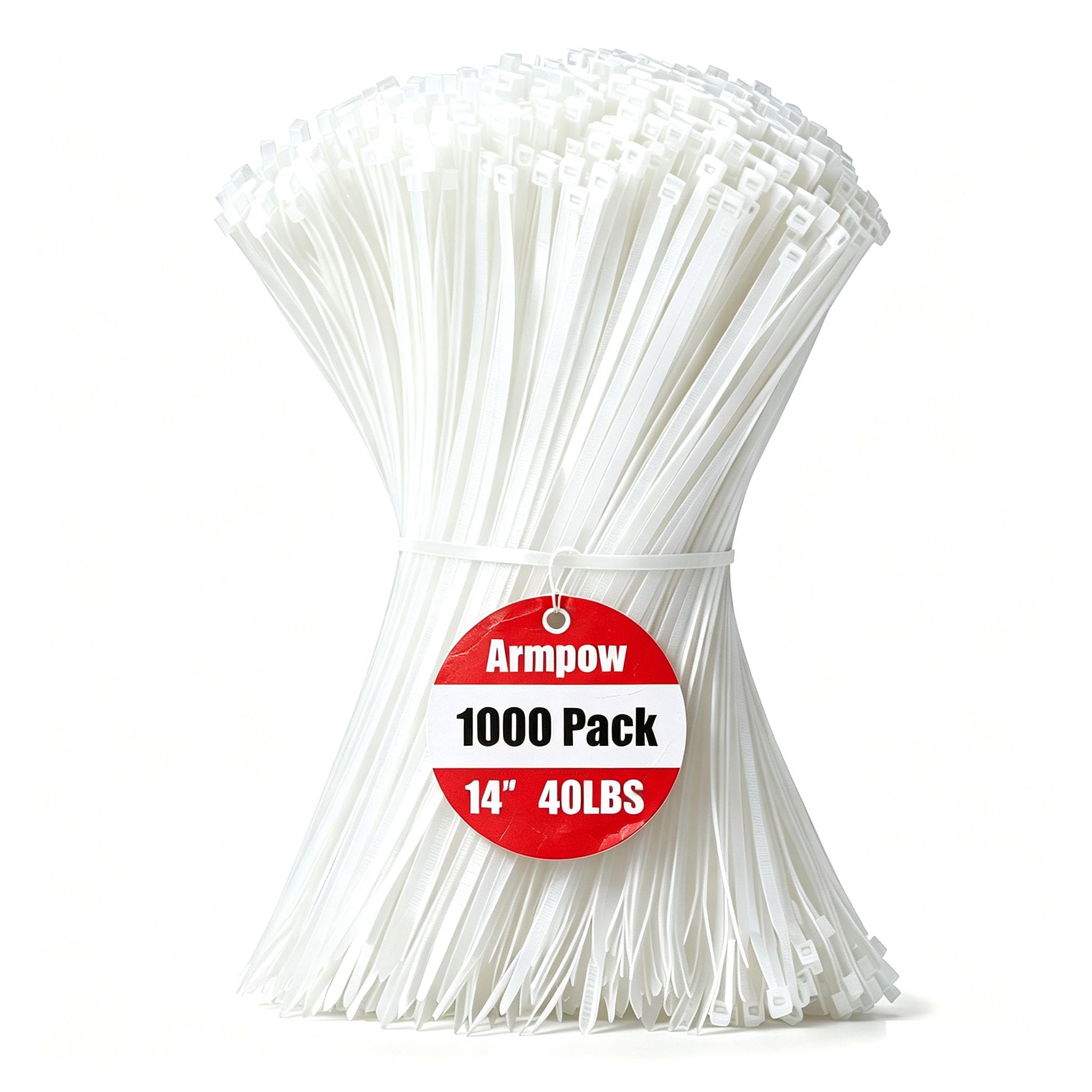 Armpow 14 Inch Zip Ties White 1000 PCS, 40 Lbs- Heavy Duty Tensile Strength, Nylon PA66 UV Resistant Cable Ties for Indoor and Outdoor Use - Ideal for object bundling and fastening