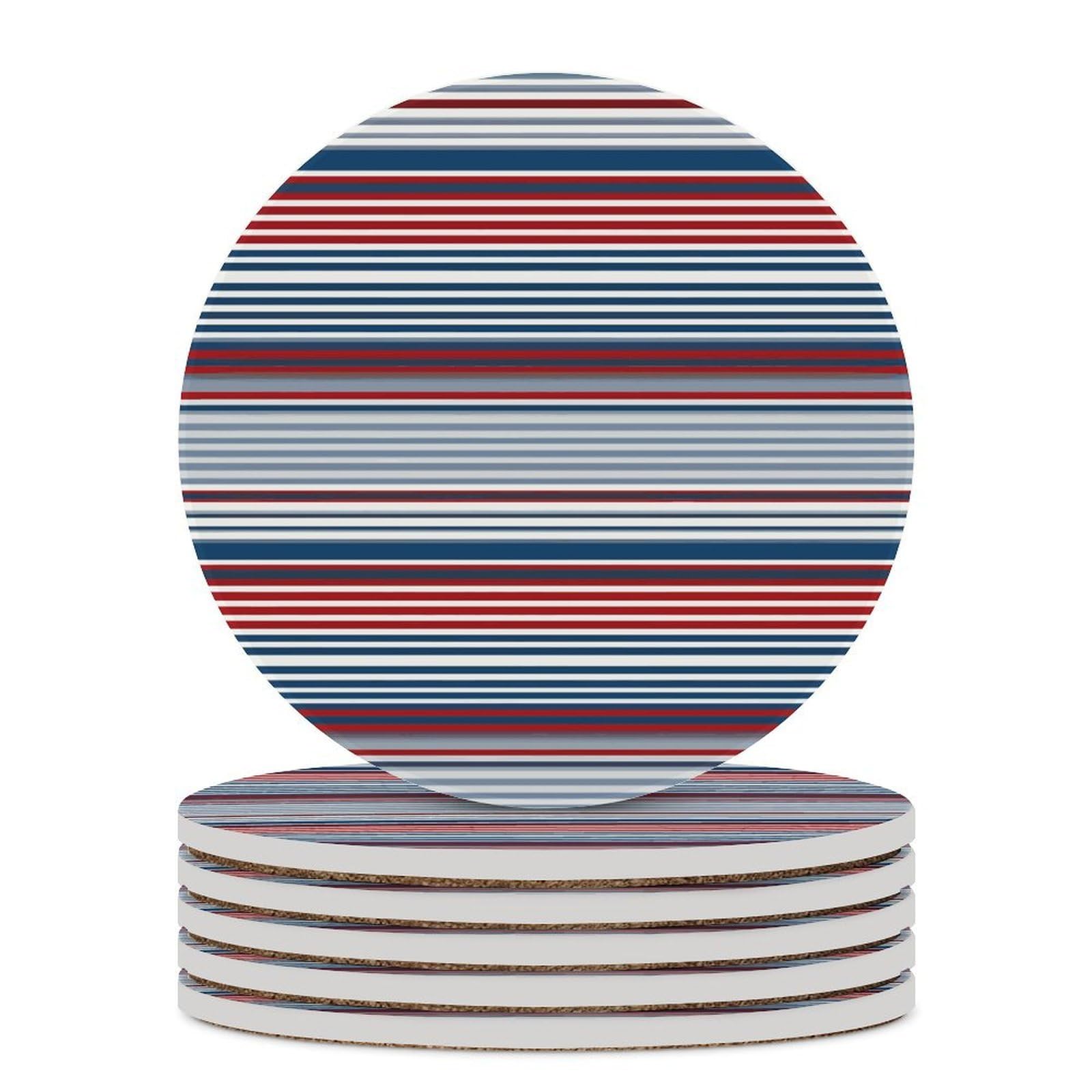 Czerwono-niebieskie białe szare paski podstawki pod napoje z uchwytem na stolik kawowy, ceramiczna podstawka z podstawą korkową, ceramiczna podstawka do mrożonych zimnych lub gorących napojów, 10 cm
