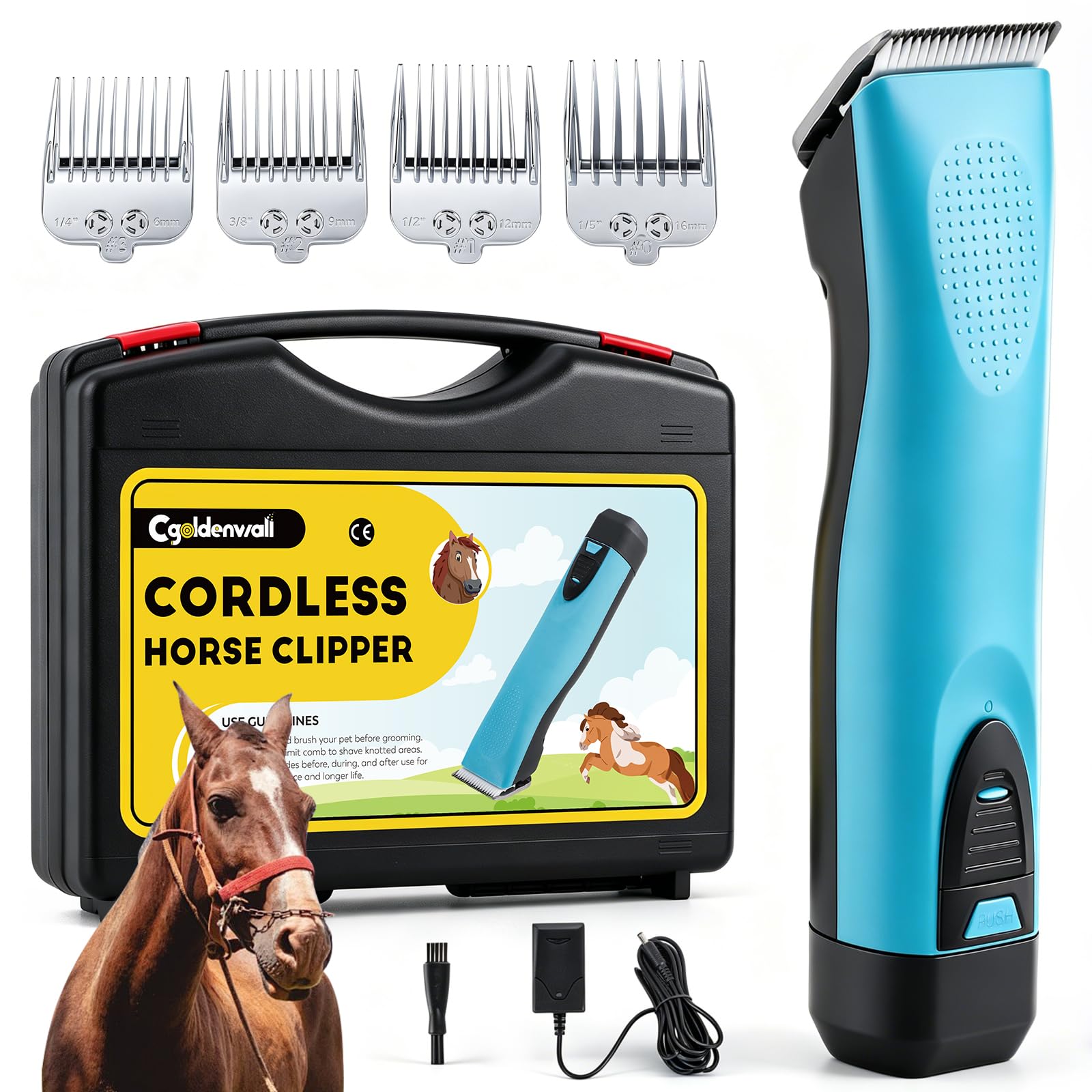 Tondeuse pour Chevaux CGOLDENWALL, Batterie Li-Ion 1400mAh & 3.5m Câble, 3200-4000rpm, Vitesse 2, pour Chien, Cheval, Chèvre
