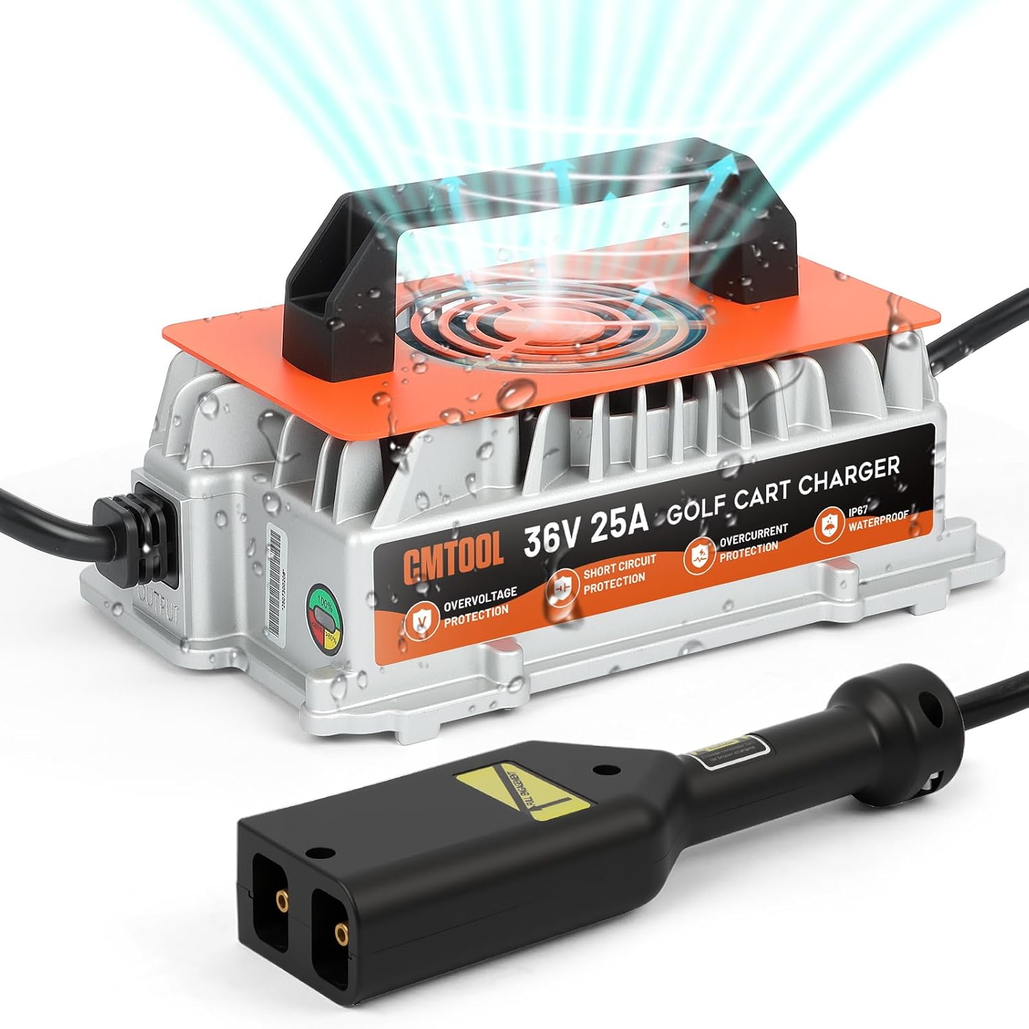 CMTOOL 25 Amp 36 Volt Golf Cart Battery Charger for EZGO TXT, IP67 Waterproof, Fully Automatic Golf Cart Charger 36 Volt EZGO Smart Fast Charging with D Style Plug, 16Ft Cable, for Lead-Acid Batteries