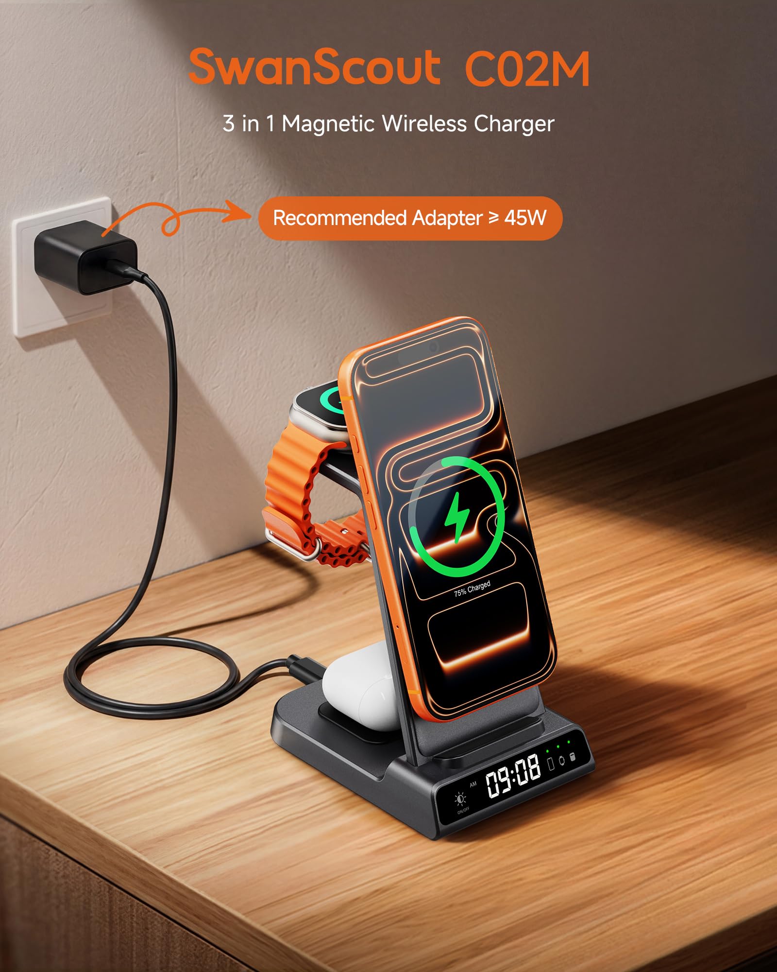 25W Induktive Ladestation Kompatibel mit MagSafe, Magnetische Schnellladestation mit Uhr für iPhone 17 Pro Max/17/16/15/14/13-Serien, Kabelloses Ladegerät für Apple Watch und AirPods, SwanScout C02M