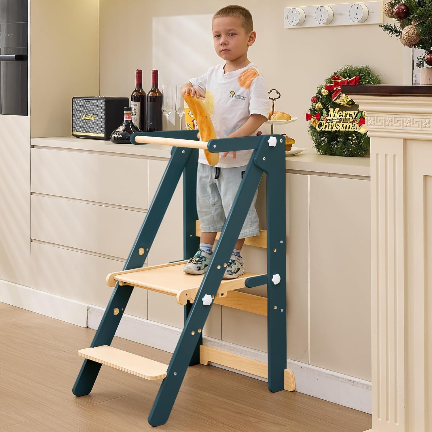 Foldable Toddler Learning Standing Tower, WOOD CITY Montessori Kitchen Step Stool Helper with 3 Adjustable Heights Learning Kitchen Tower (Natural-Dark Blue)
