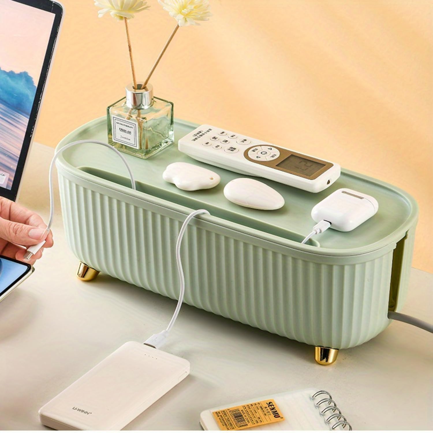 Cable Management Box with Mobile Stand, Cord Hider and Organizer for Power Strips, Surge Protectors, Routers and Gadget Wires, Desk and Table Cable Organizer, Home Office, Green