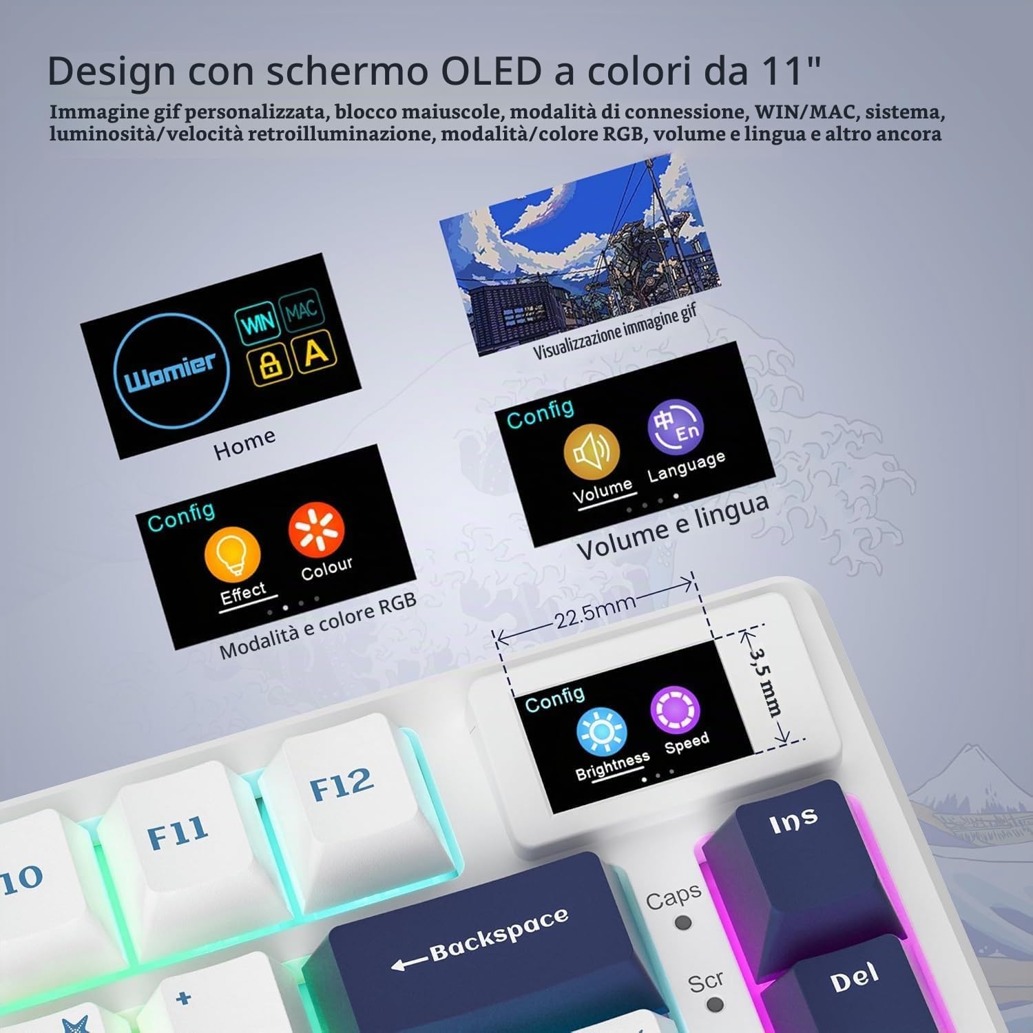 SK80 Tastiera meccanica da gioco 75% - Retroilluminazione LED compatta USB C, hot swap, tema Kanagawa, montaggio con guarnizione RGB personalizzata per Mac/Win, bianco