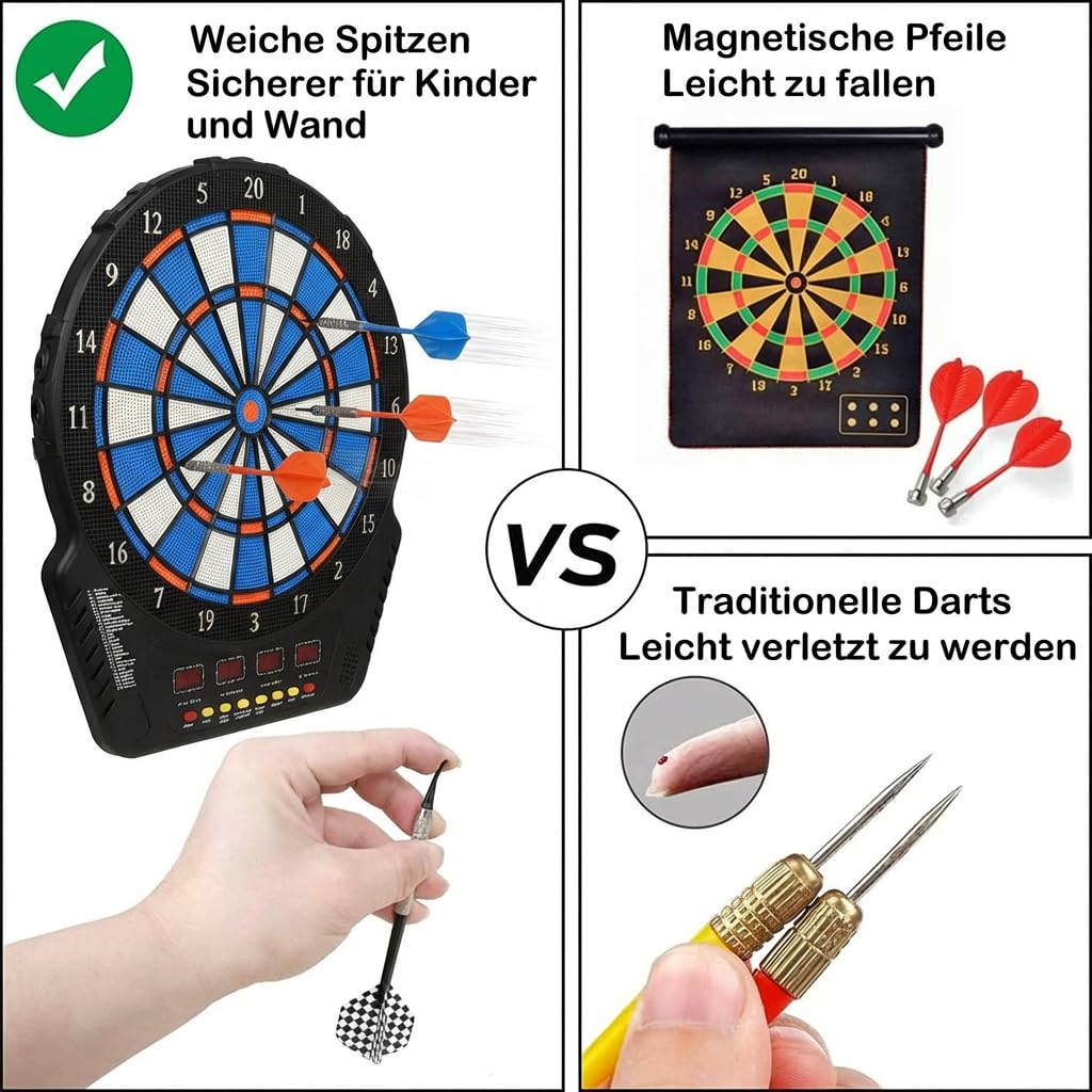 Elektronische Dartscheibe mit 2 Stromversorgungsmodi Dartboard mit 12 Darts,24 Ersatzspitze Dartscheibe Elektronisch mit 25 Spiele LED-Anzeigen,157 Variationen für 8 Spieler
