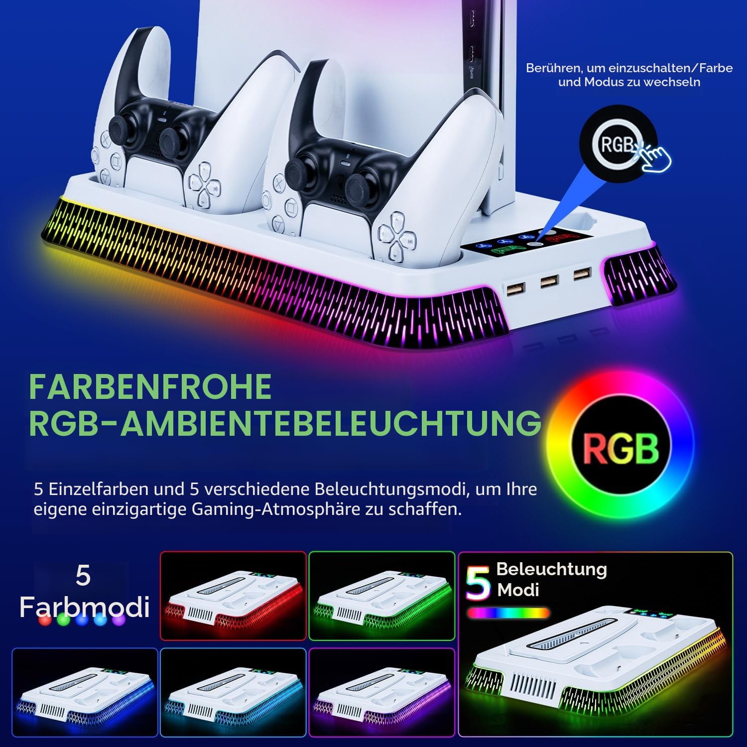 PS5 Standfuß mit Lüfter und Controller Ladestation, Vertikaler PS5 Ständer mit RGB Licht, Headset Halter und Remote Steckplatz, 3-Stufige Kühlung für PS5/PS5 Slim/PS5 Pro Disc & Digital Edition, Weiß