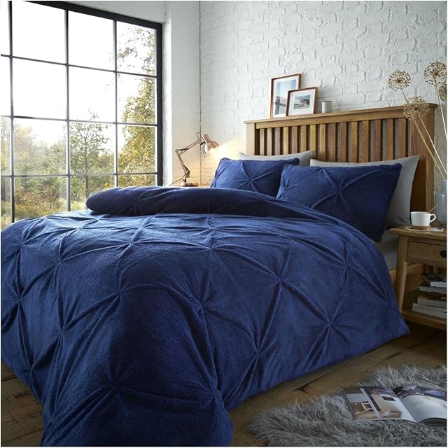 Fleece Bedding Set King Size, Pintuck Teddy Duvet Cover, Snuggle Warm Quilt Cover With Pillowcases, Navy