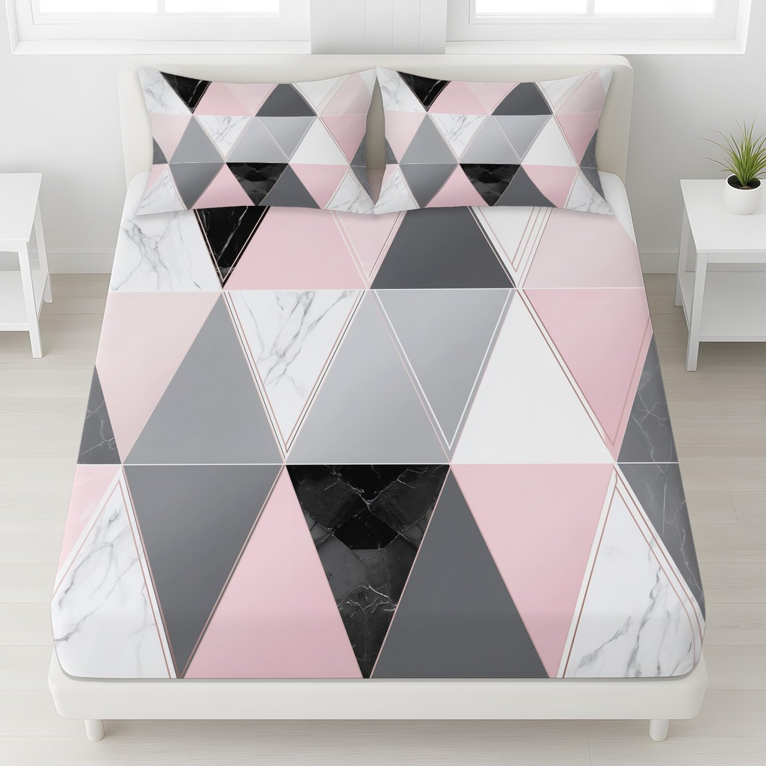 Geometrisch Abstrakt Spannbetttuch Modern Dreieck Marmor Linien Spannbettlaken 140 x 200 x 30 cm 3teilig Mikrofaser Bettwäsche Set mit 2 Kissenbezüge 80 x 80 cm Kein Flachbettlaken