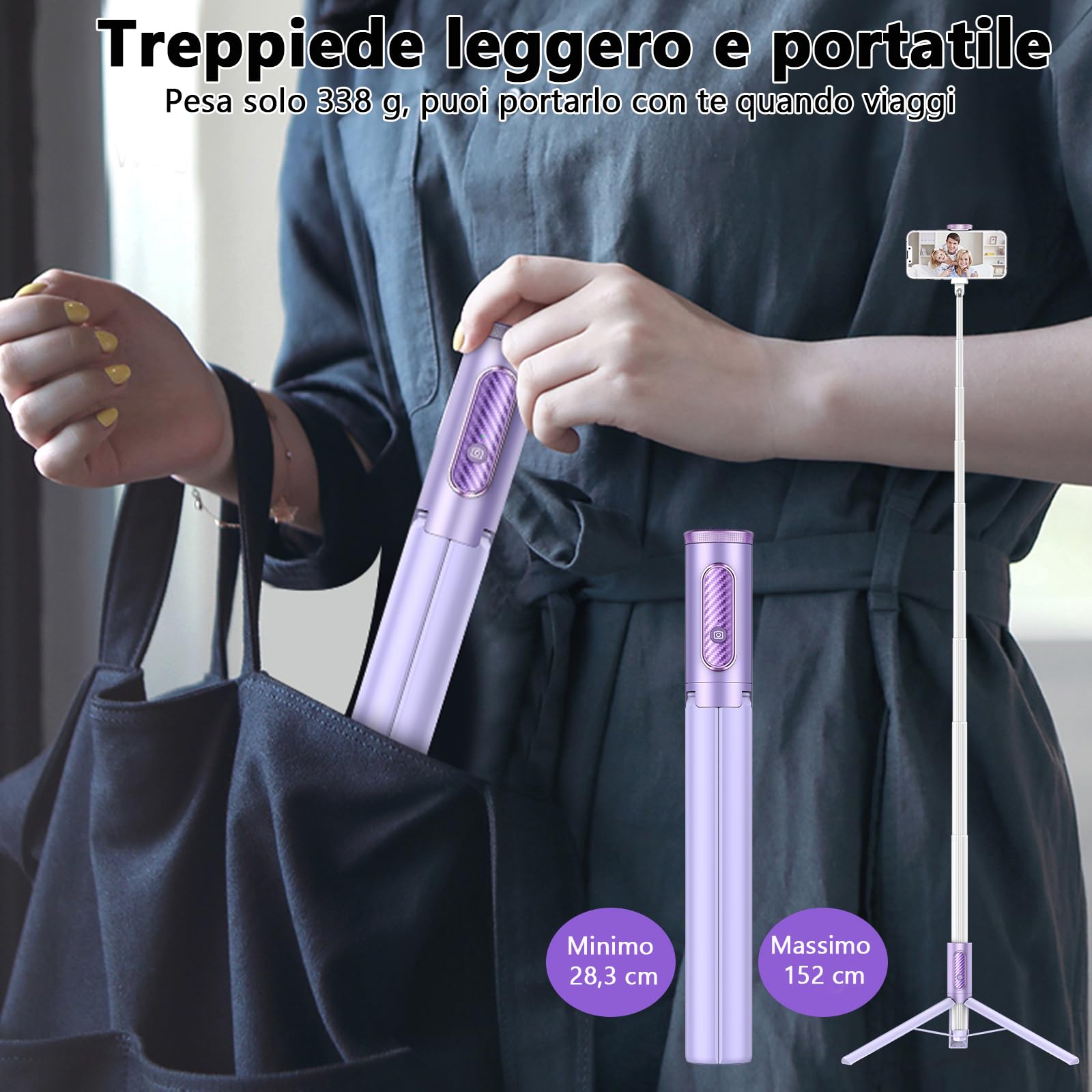 Bastone Selfie Con Treppiede Toneof - Estensibile Fino A 152cm, Telecomando Wireless, Viola - Foto 3