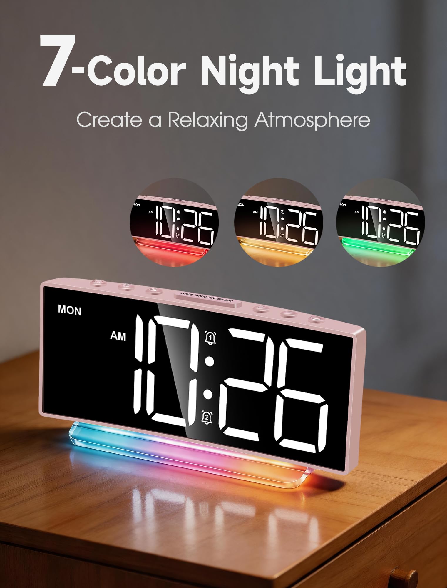 Moderner und gebogener Digital-Wecker, bunte LED-Anzeige, einstellbare Lautstärke, Arbeitstag-/Wochenend-Modus, einfache kleine Uhr für Schlafzimmer, Nachttisch, OK für