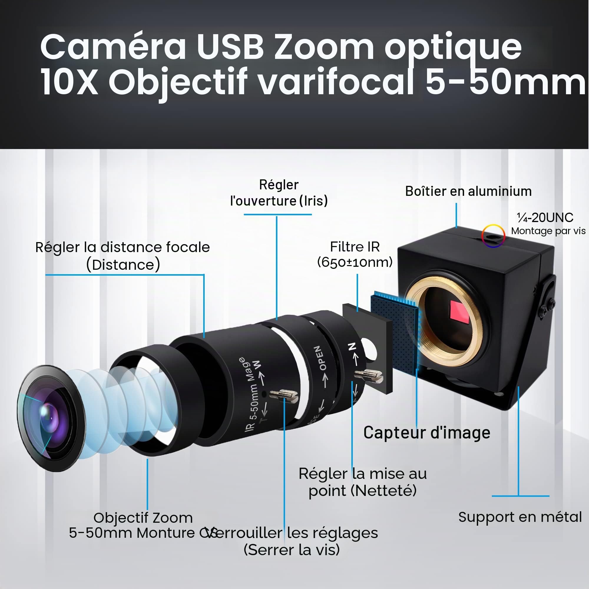 Svpro Webcam USB 8 MP avec mise au point variable 5-50 mm CS Mount Objectif 10X Zoom in et Out Caméra externe pour ordinateur portable, PC, caméra UVC Plug and Play 2448P