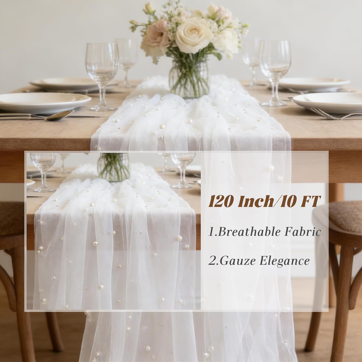 U+U 6PCS White Pearl Gauze Table Runner 120 Inch 10FT, Sheer Table Decor for Wedding Birthday Baby Shower Home Party Holiday Decorations