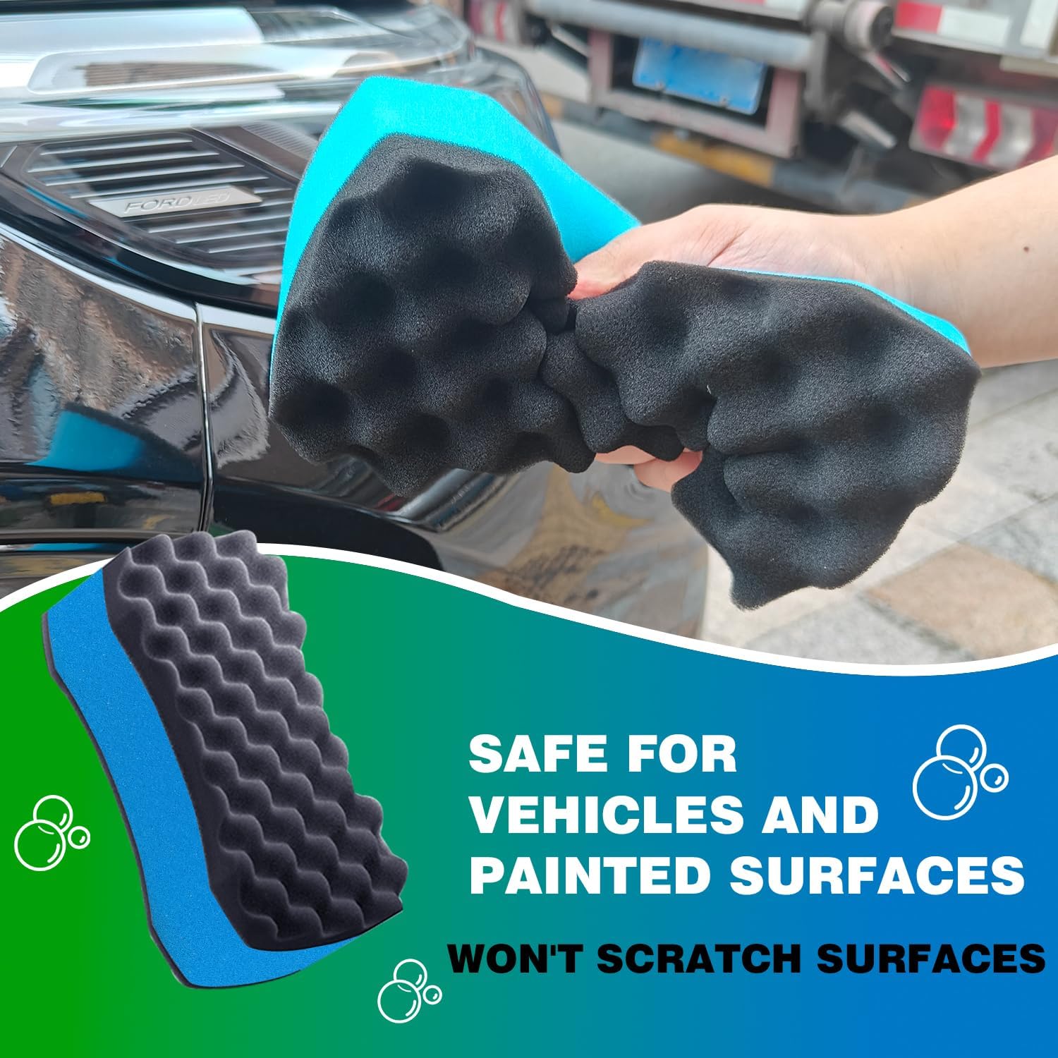 Car Wash Sponge 3 Pack, Three-Texture Car Cleaning Sponges with Soft Absorbent Side and Bug Remover Scrub Side, Foam Wash Pads for Cars, Trucks, SUVs, Windshield, Bumper, Wheels - Blue