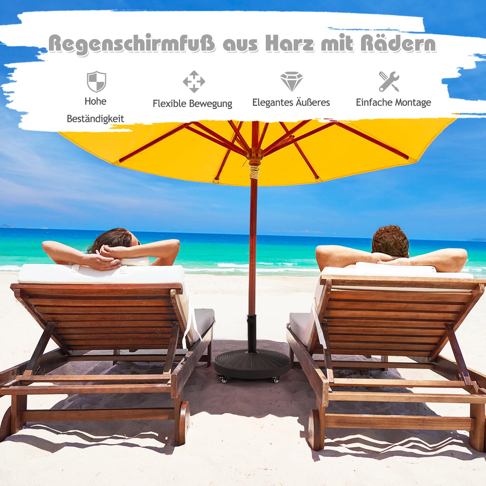 RELAX4LIFE Base Sombrilla Ø52 cm con 4 Ruedas Bloqueables para Mástil de Sombrilla Ø38/48 mm, Pie Sombrilla Redondo de Resina con Aspecto de Ratán, Peso 23 kg, Negro