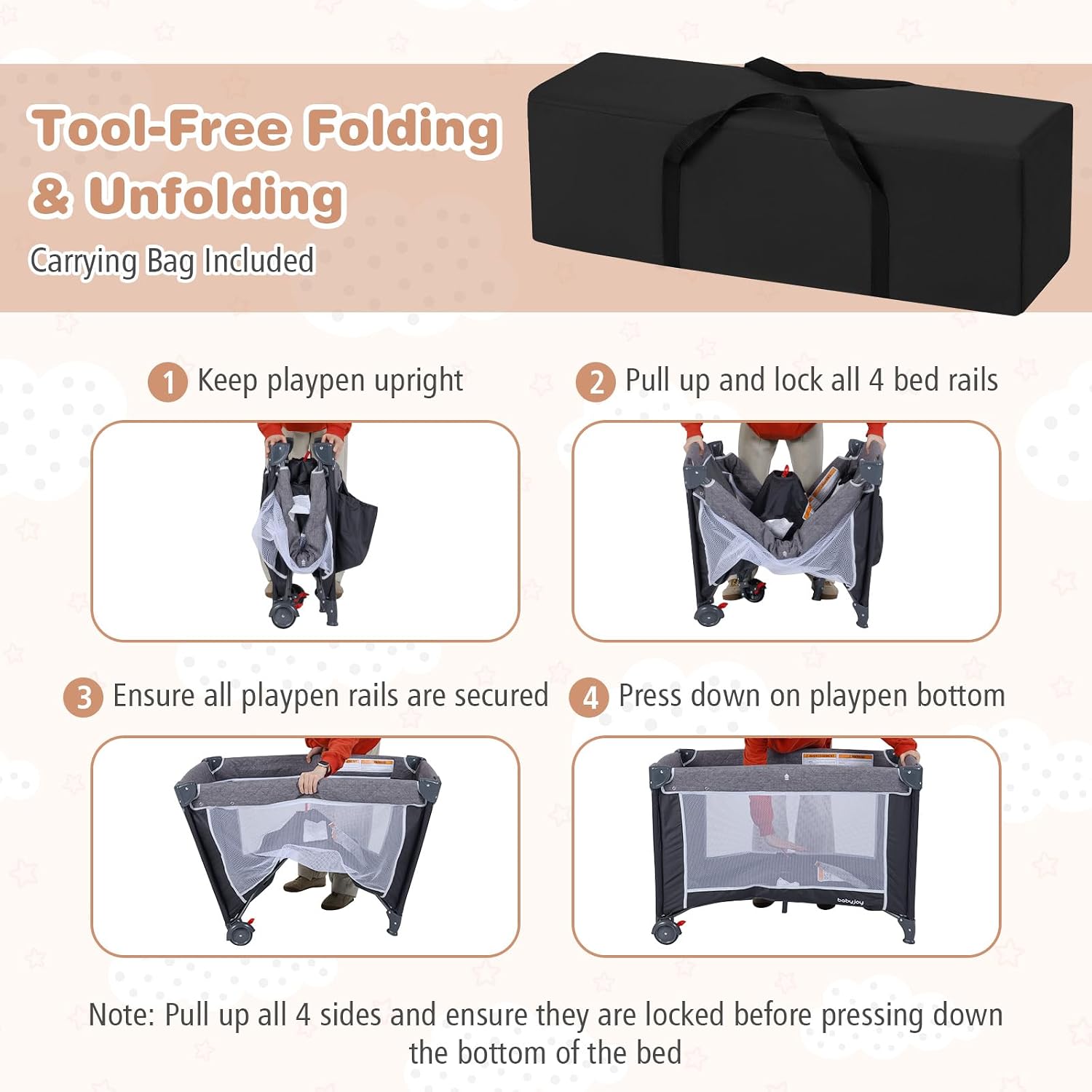 BABY JOY 3 in 1 Pack and Play, Travel Crib Bassinet Bed for Baby, Changing Table w/Safety Belt, Hanging Bar, Lockable Wheels, Portable Baby Playard from Newborn to Toddler