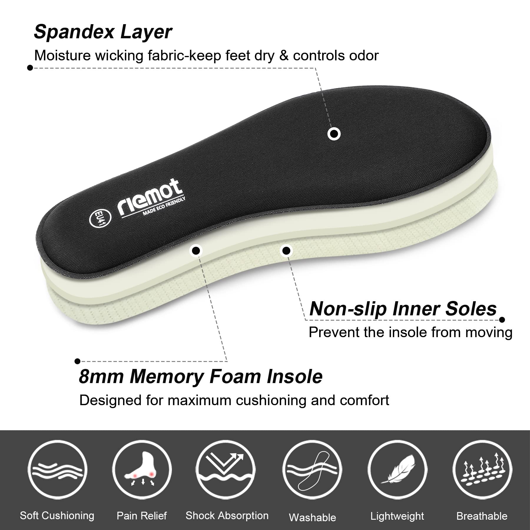 riemot Solette in Memory Foam,Solette Scarpe Assorbimento degli Urti per Uomo Donna,Supporto Arco Inserti per Scarpe Sollievo dal Dolore ai Piedi,Suole Scarpe Traspiranti ad Assorbi Umidità,36-46 EU