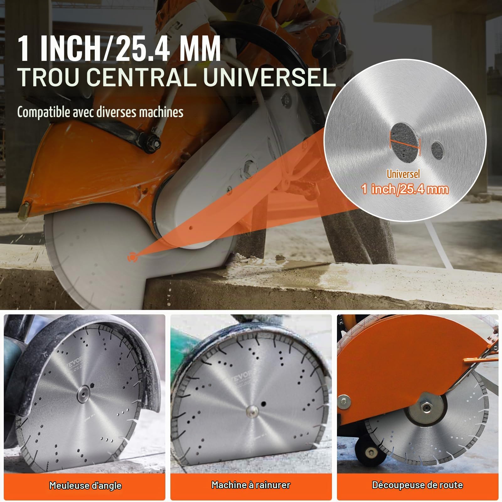 VEVOR Disque à Tronçonner Diamanté 350 mm, Disque Diamant Humide ou Sèche, Lame de Scie à Béton avec Dents Inclinées de 10 mm, Diamètre du Trou Central Universel 25,4 mm, pour Béton, Carrelage, Brique