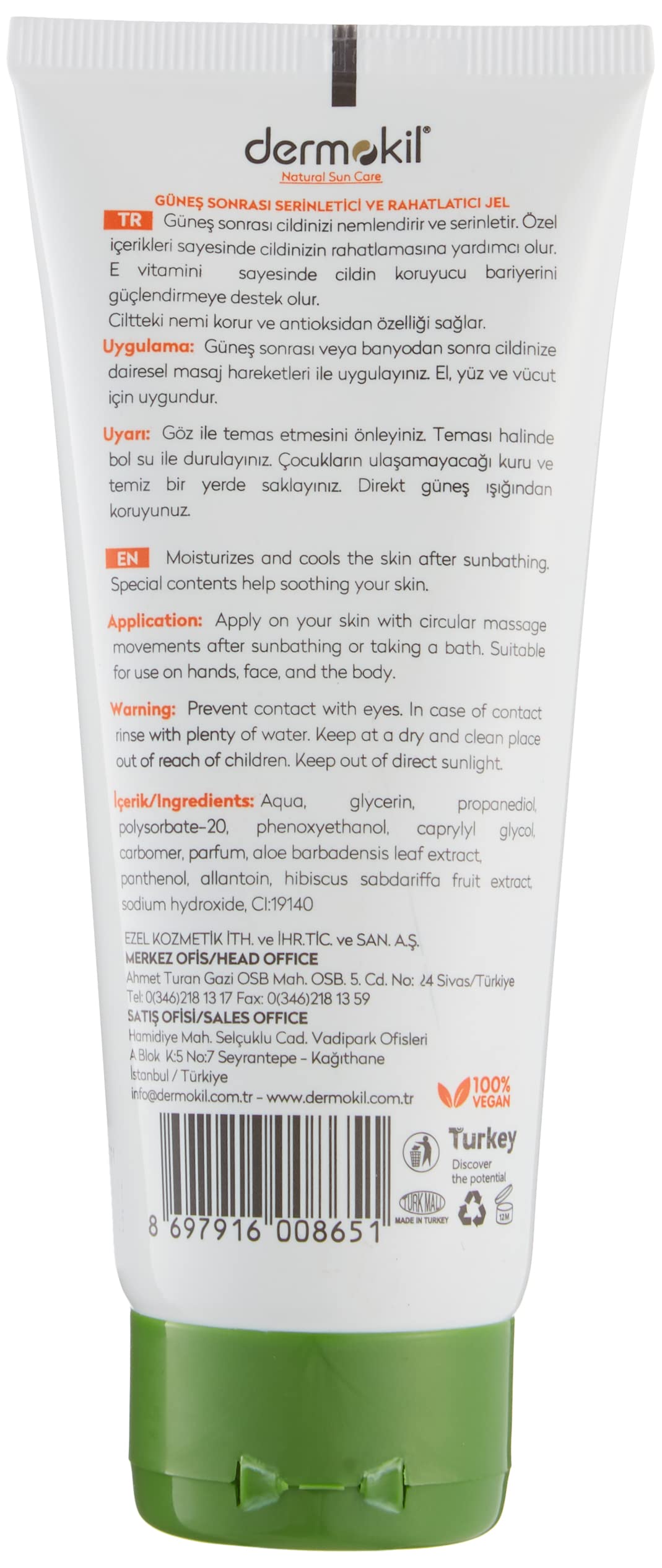 Dermokil After Sun Gel Güneş Sonrası Nemlendirici Rahatlatıcı Jel (100 ml) 2li paket