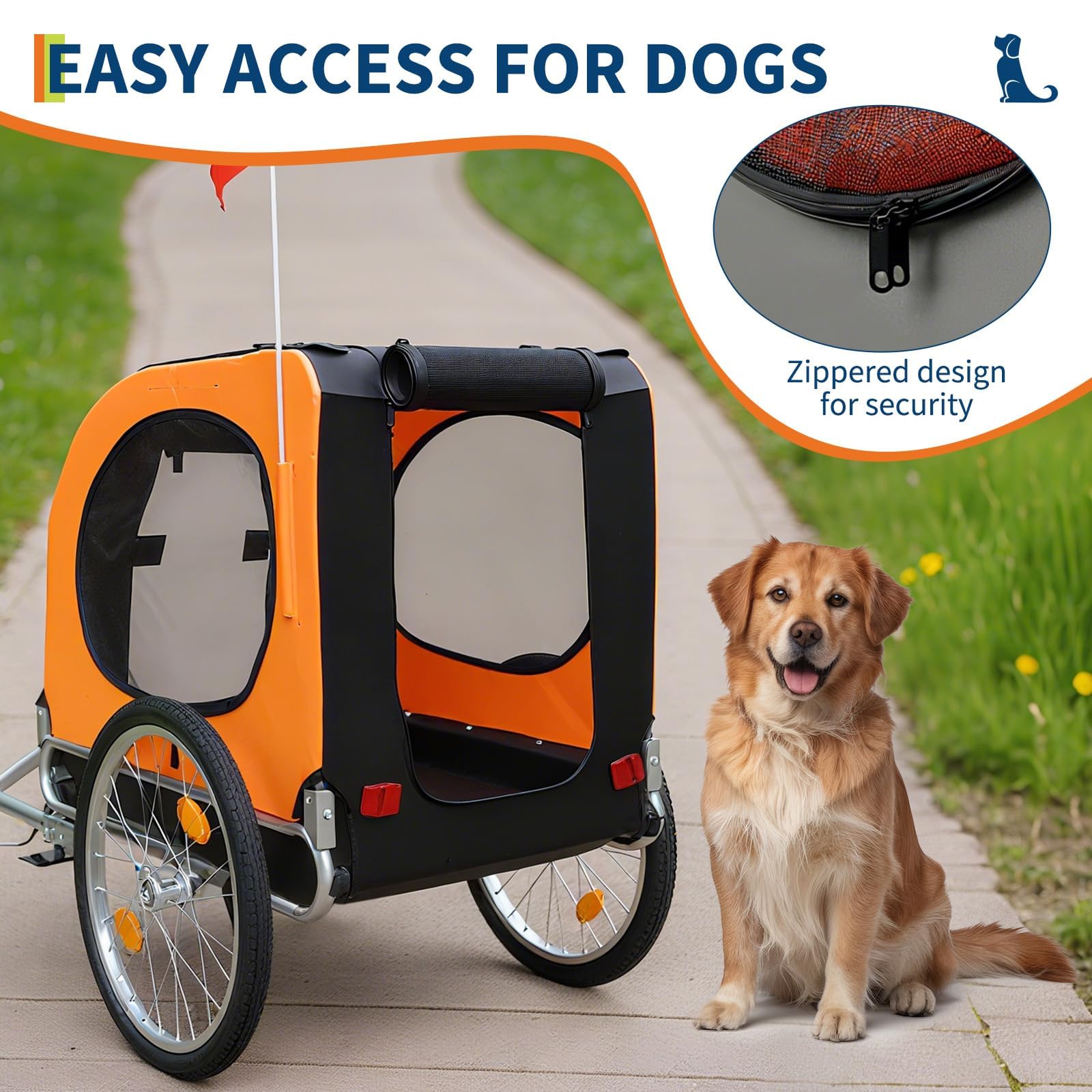 Gran remolque para perro, capacidad de 40 kg, portabicicletas para mascotas, tejido Oxford plegable, cierre universal, diseño plegable, alfombra antideslizante y bandera de seguridad