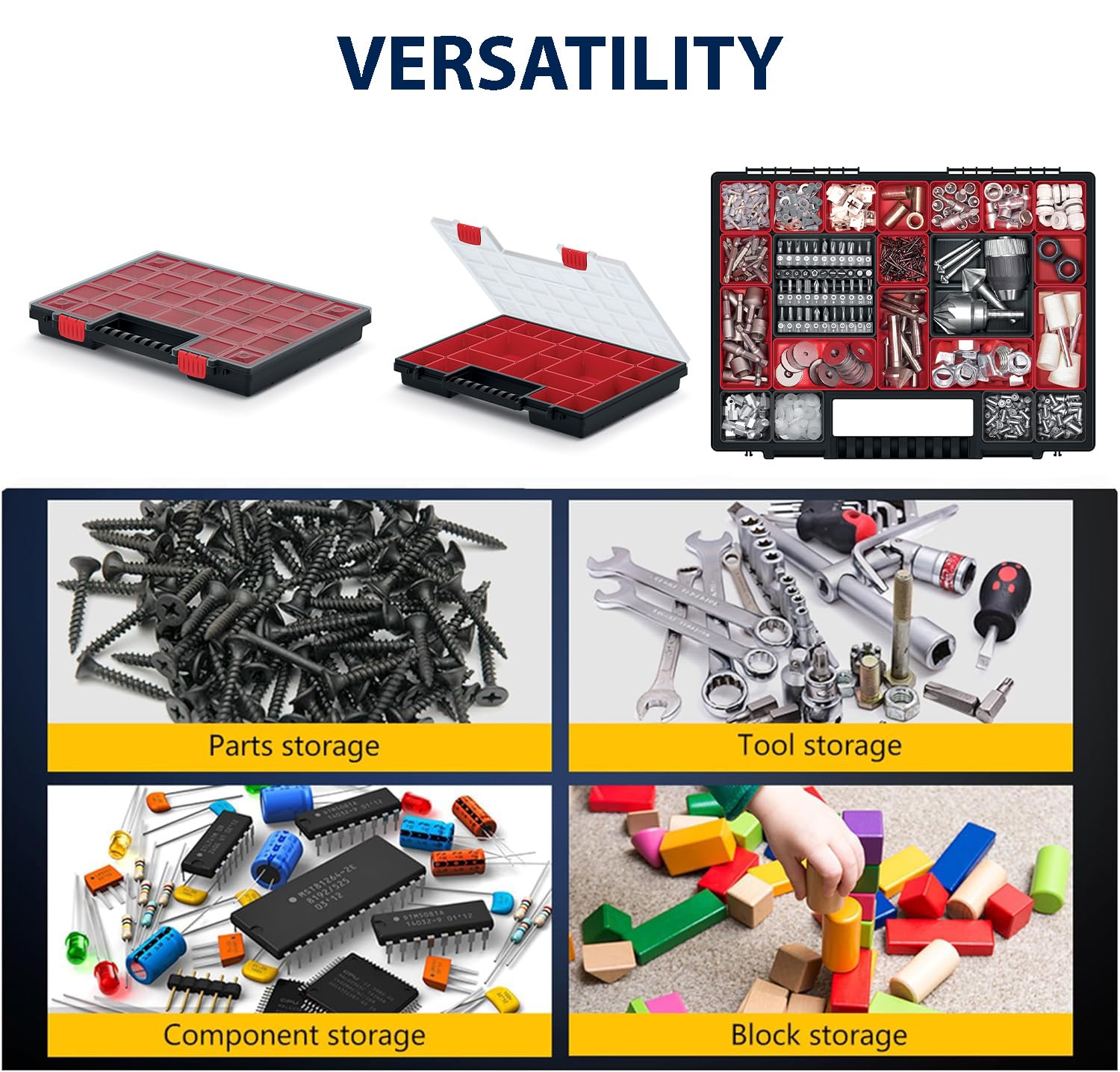 Scatola di assortimento con scomparti rossi rimovibili, ideale per piccole parti, attrezzi e organizzazione in plastica, set da 5 pezzi, 40 cm