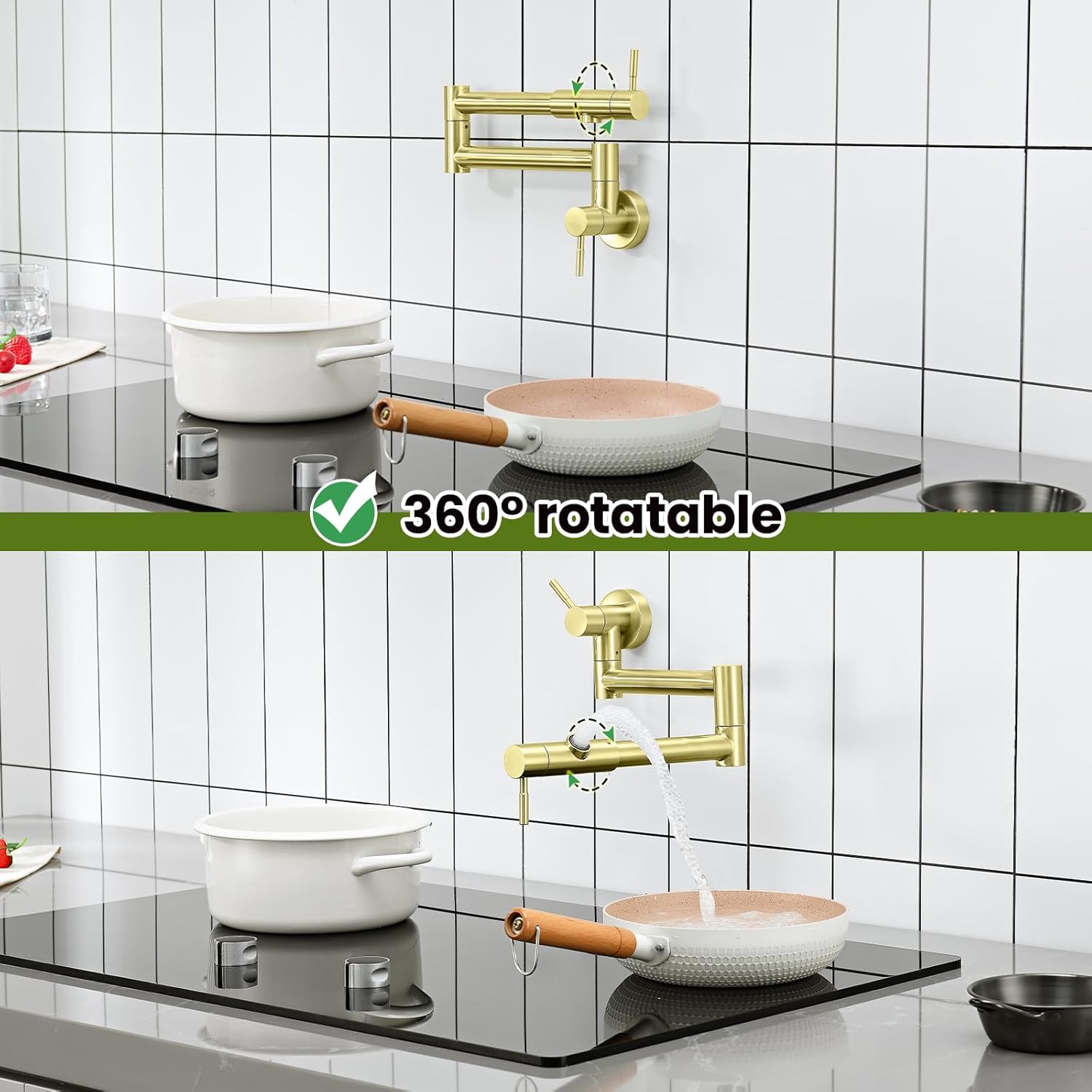 Upside Down Pot Filler Wall Mount Folding Stretchable Kitchen Restaurant Faucet Stainless Steel Brushed Gold Pot Filler Double Joint Swing Arm Two Handles Commercial NPT