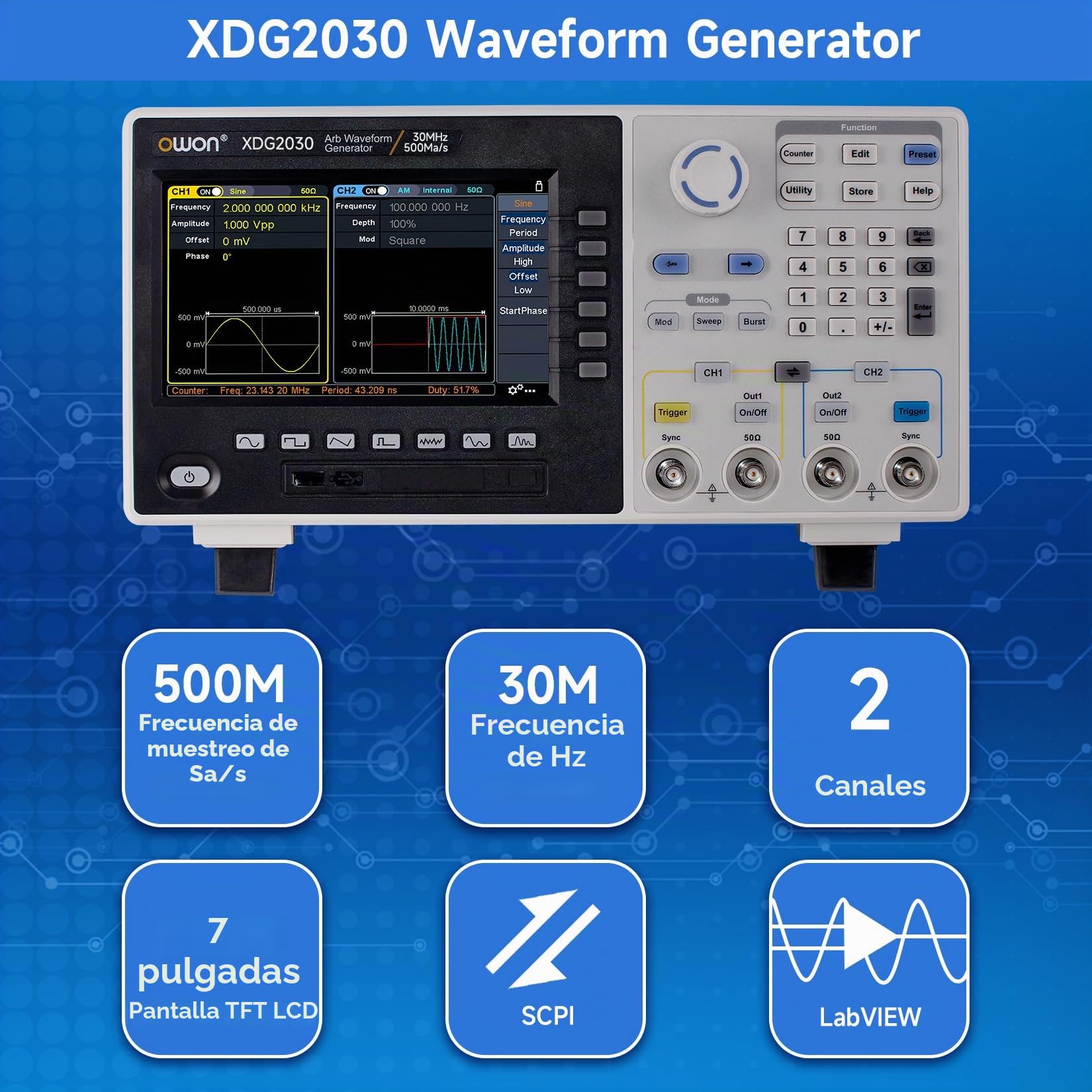 OWON Generador de Funciones de 2 Canales 30 MHz XDG2030, Generador de Forma de Onda Arbitraria, Resolución Vertical de 14 Bits, Velocidad de Muestreo de 500 MSa/s, Generador de Señal con Pantalla LCD