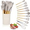 Kitchen Utensil Set 12 PCS Silicone Cooking Utensils Set with Wooden Handle Non-Stick Cooking Spoons Utensil Sets Silicone Kitchen Utensils Set Heat Resistant Kitchen Tools Khaki