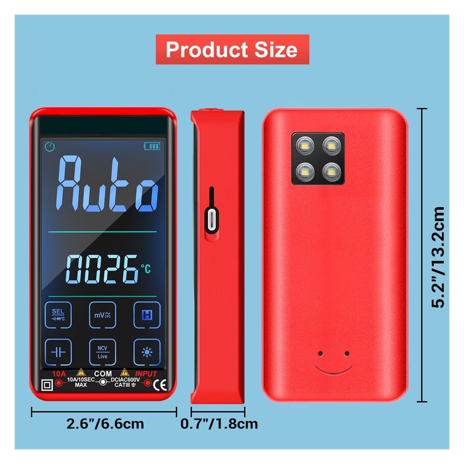 Comprobador MultíMetro Multímetro Táctil Automático Multímetro Digital Inteligente Electricista Profesional Ohm Capacitancia 10A AC DC Multímetro Precisión Seguro(2Pcs Touch Red)