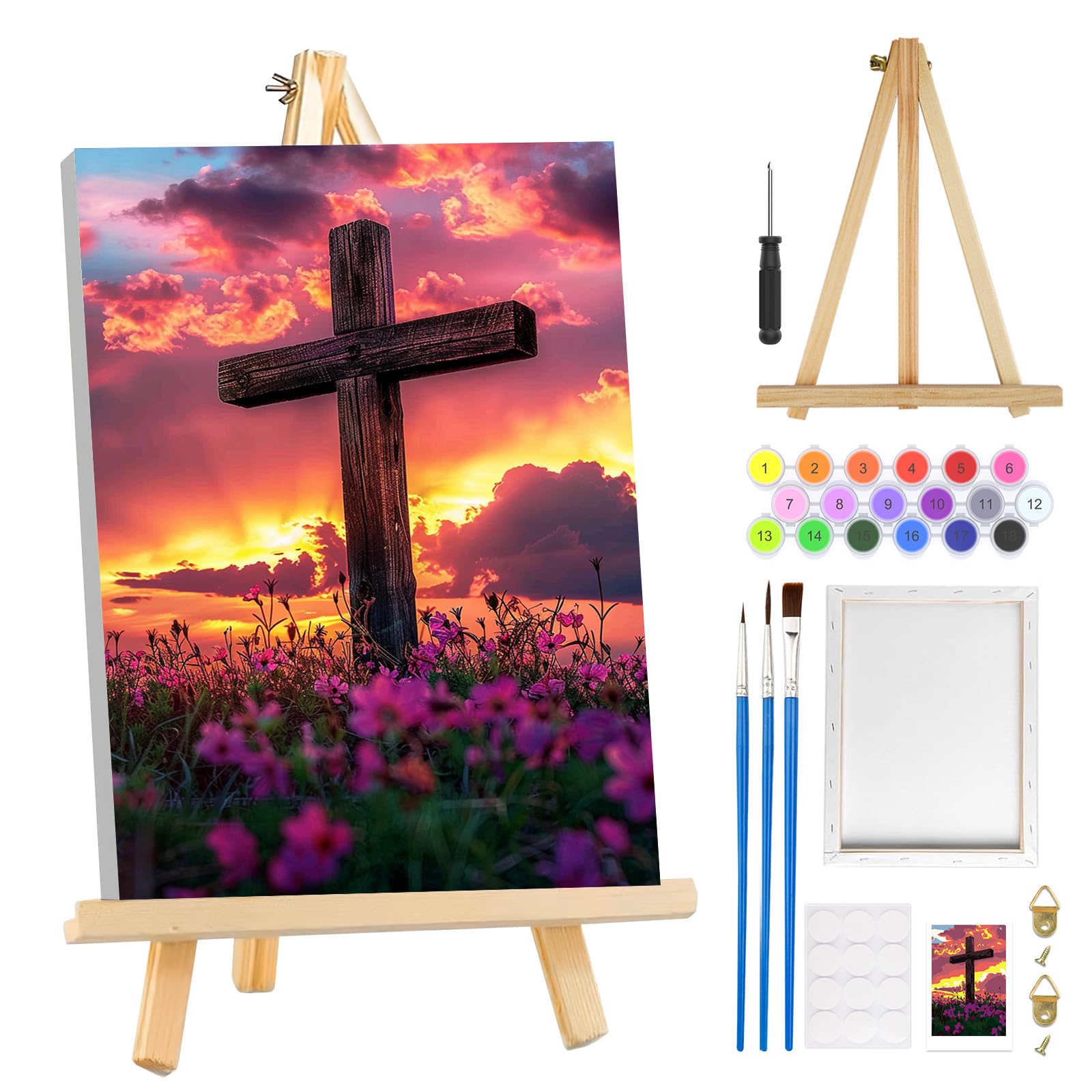 MOGTAA Ostern Kreuz Malen Nach Zahlen Erwachsene mit Rahmen, Sonnenuntergang Landschaft Malen Nach Zahlen Mit Holzstaffelei, DIY Ölgemälde Leinwand Set Acrylic Malerei Bilder für Home Dekor, 20x30cm