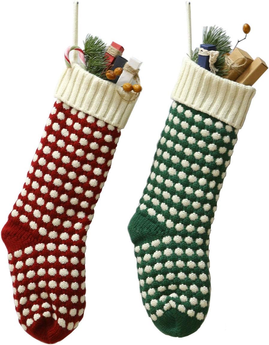 Owlgift 2 Pack 18” Burlap Christmas Stocking, Xmas Fireplace Hanging Stockings for DIY Christmas Party Decoration, Holiday Décor (One Size, Green & Red Dot)
