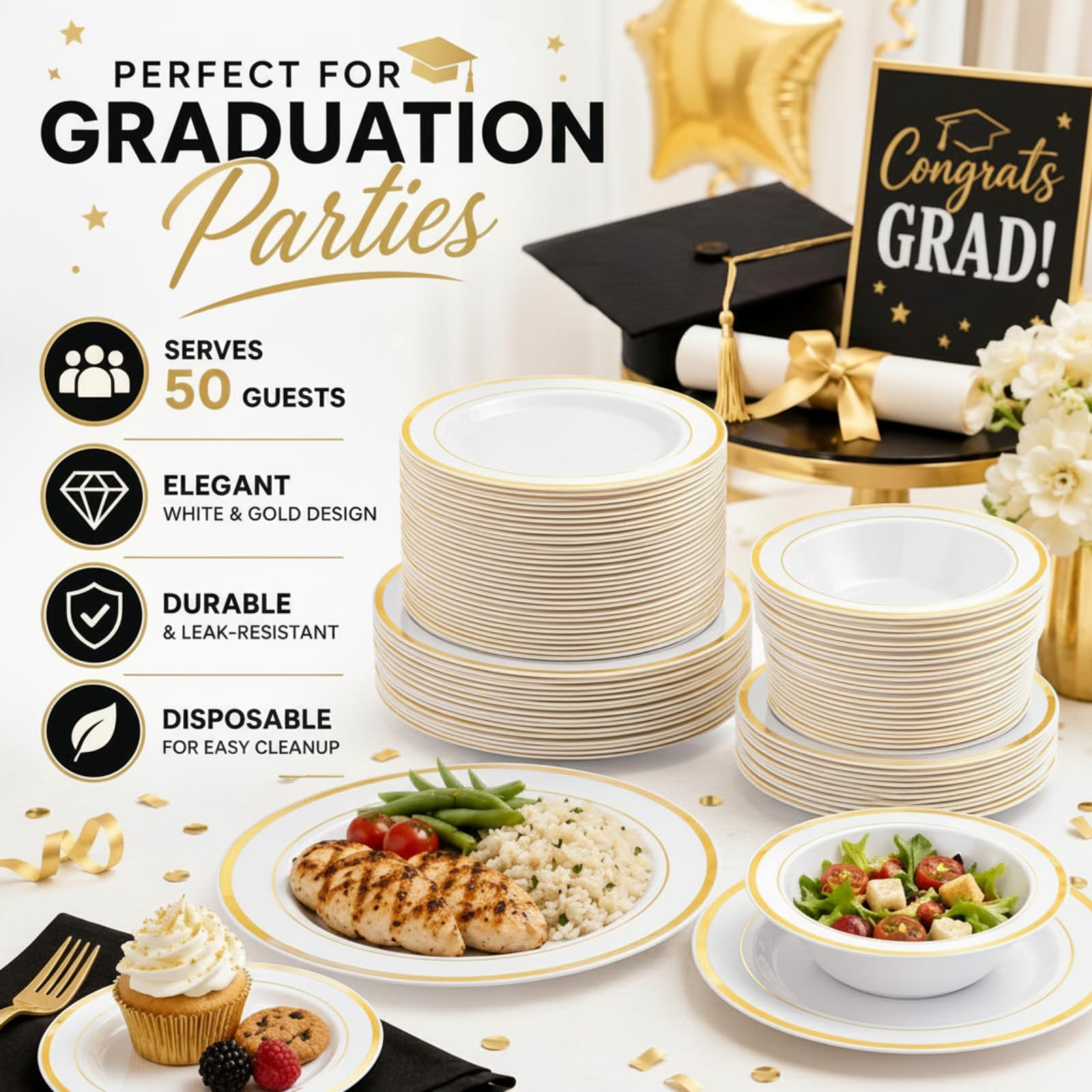 Havawish 150 Piece White & Gold Plates & Bowls -3